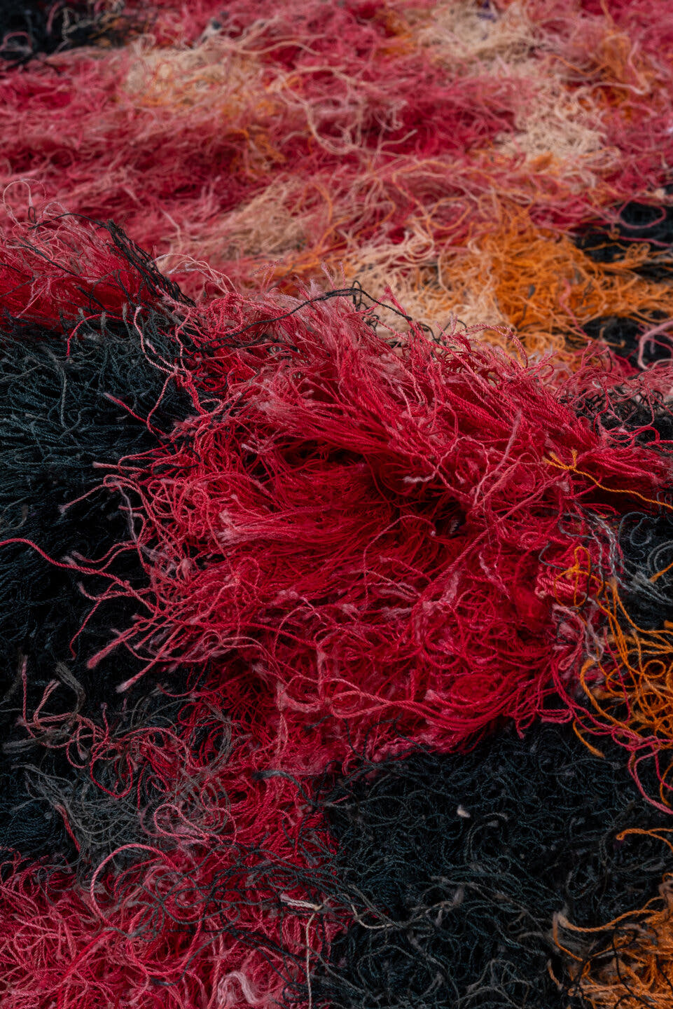 4' x 7' one-of-a-kind handmade vintage Rag Rug rug. Color palette: rose, orange, ivory, black, blush, peach, taupe, pink