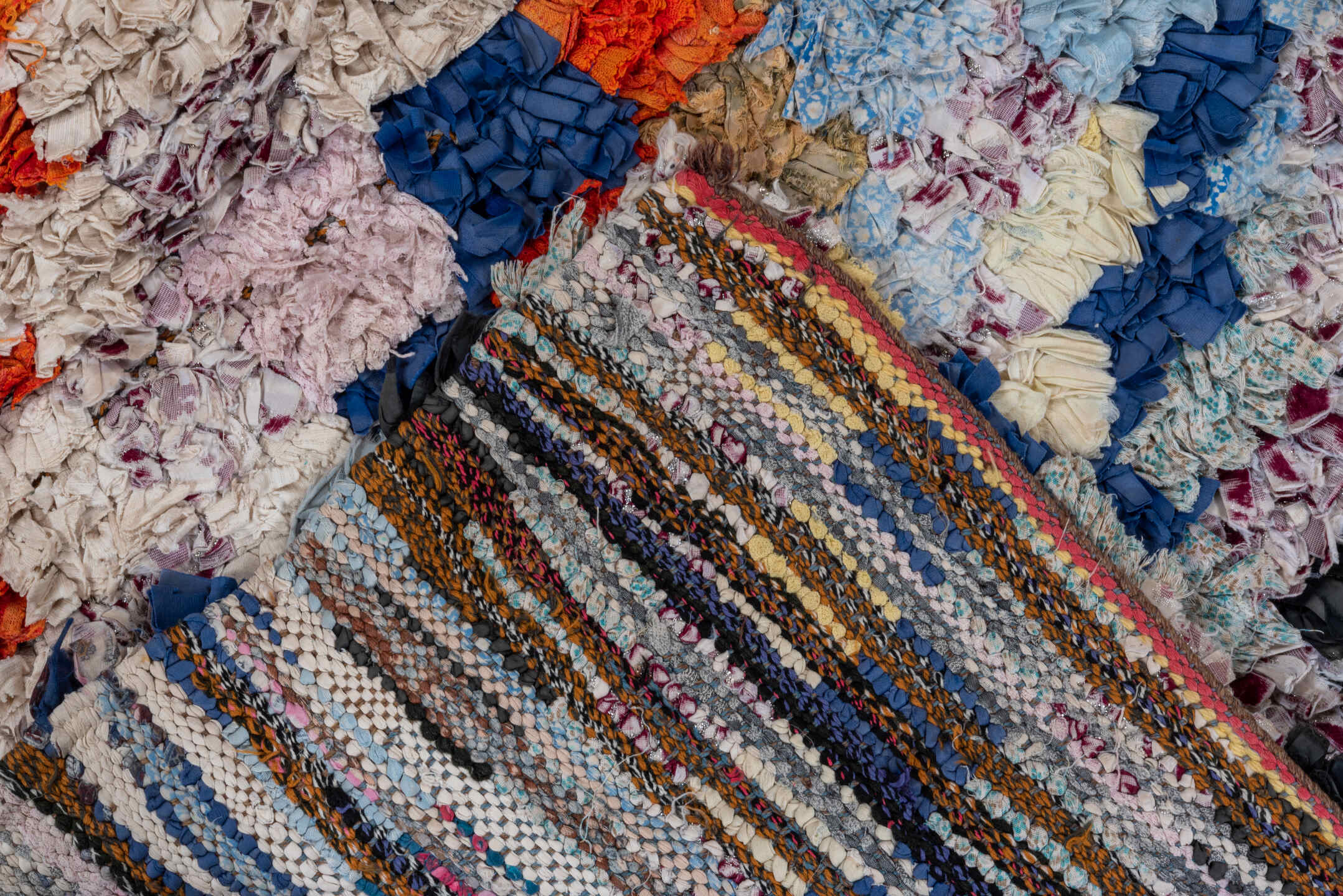 2' x 6' one-of-a-kind handmade vintage Rag Rug runner rug. Color palette: blue, brown, fiord, gray, green, light gray