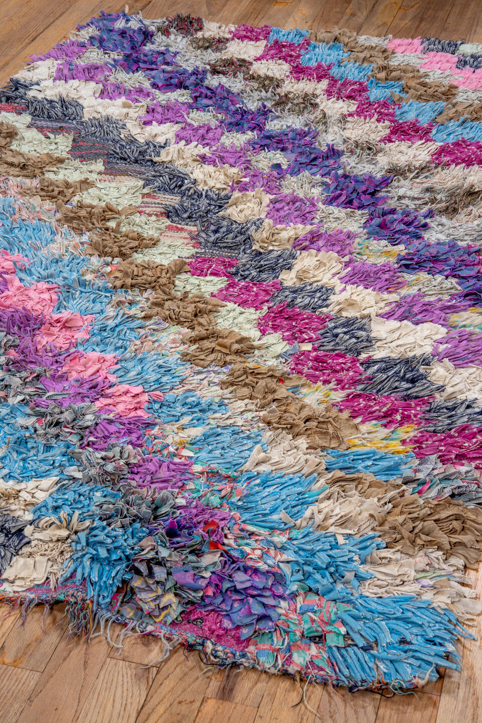 3' x 5' one-of-a-kind handmade vintage Rag Rug small size rug. Color palette: blue, gray, light blue, light gray, off-white