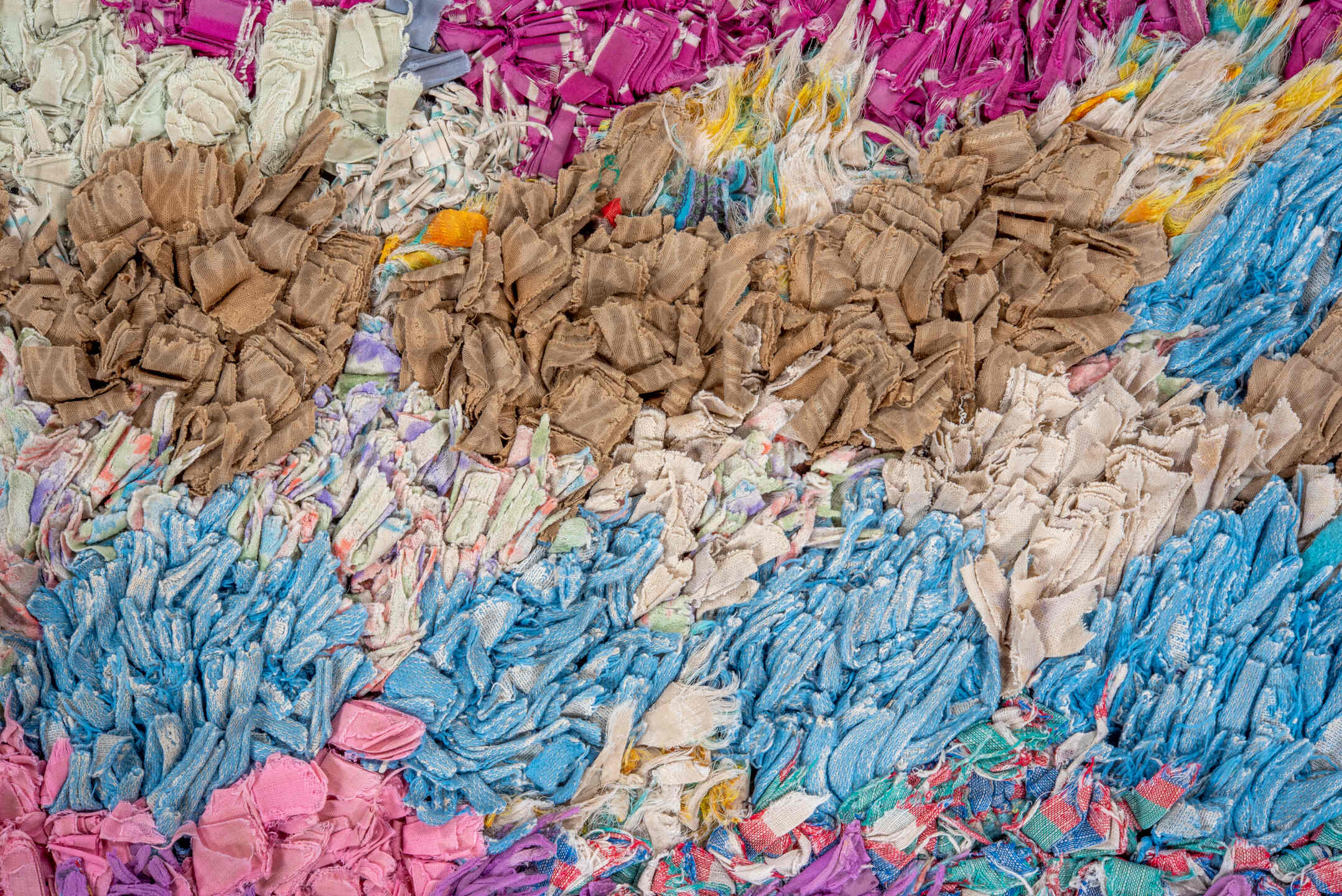 3' x 5' one-of-a-kind handmade vintage Rag Rug small size rug. Color palette: ivory, lavender, sky_blue, taupe, charcoal