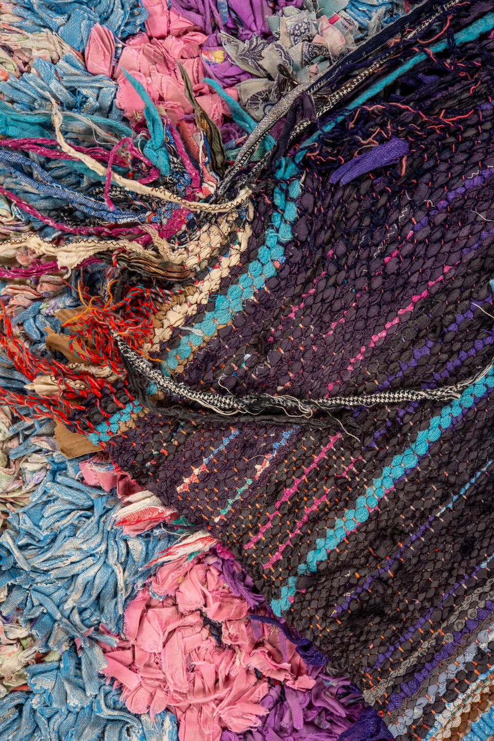 3' x 5' one-of-a-kind handmade vintage Rag Rug small size rug. Color palette: blue, gray, light blue, light gray, off-white