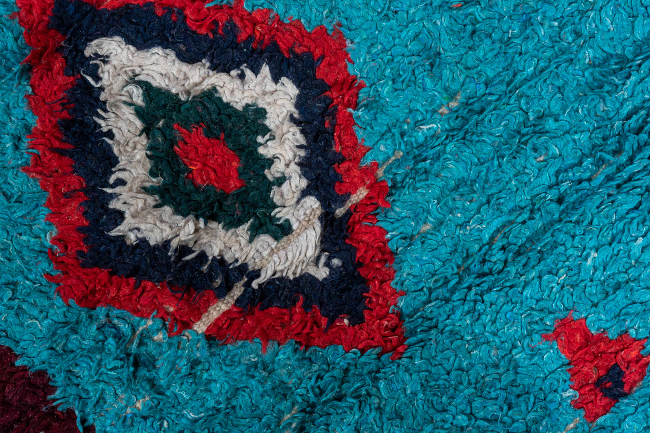 3' x 6' one-of-a-kind handmade vintage Rag Rug small size rug. Color palette: turquoise, ivory, burgundy, crimson, navy