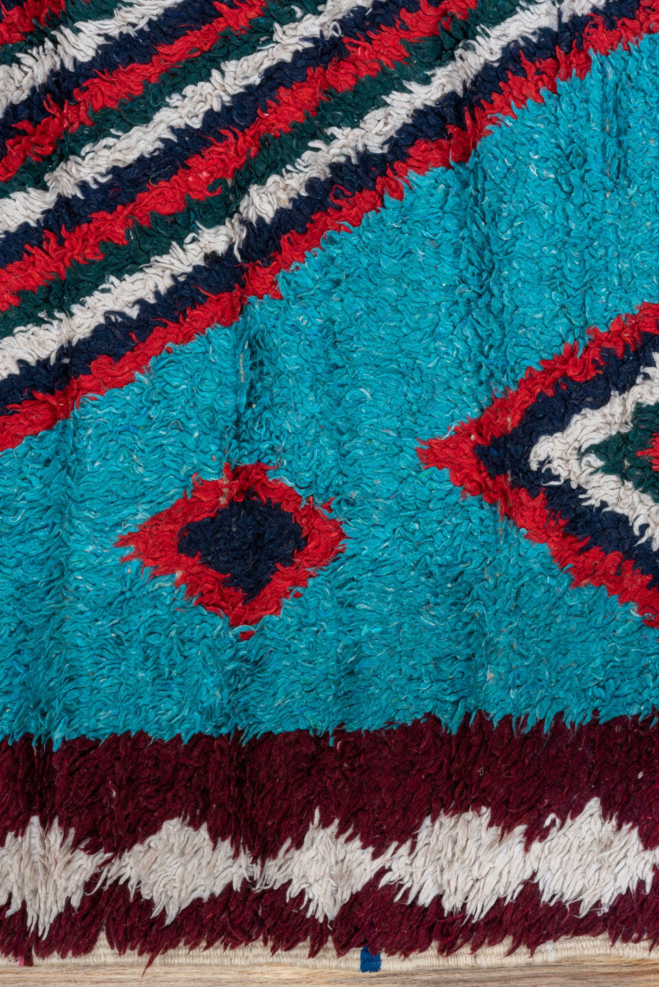 3' x 6' one-of-a-kind handmade vintage Rag Rug small size rug. Color palette: turquoise, ivory, burgundy, crimson, navy