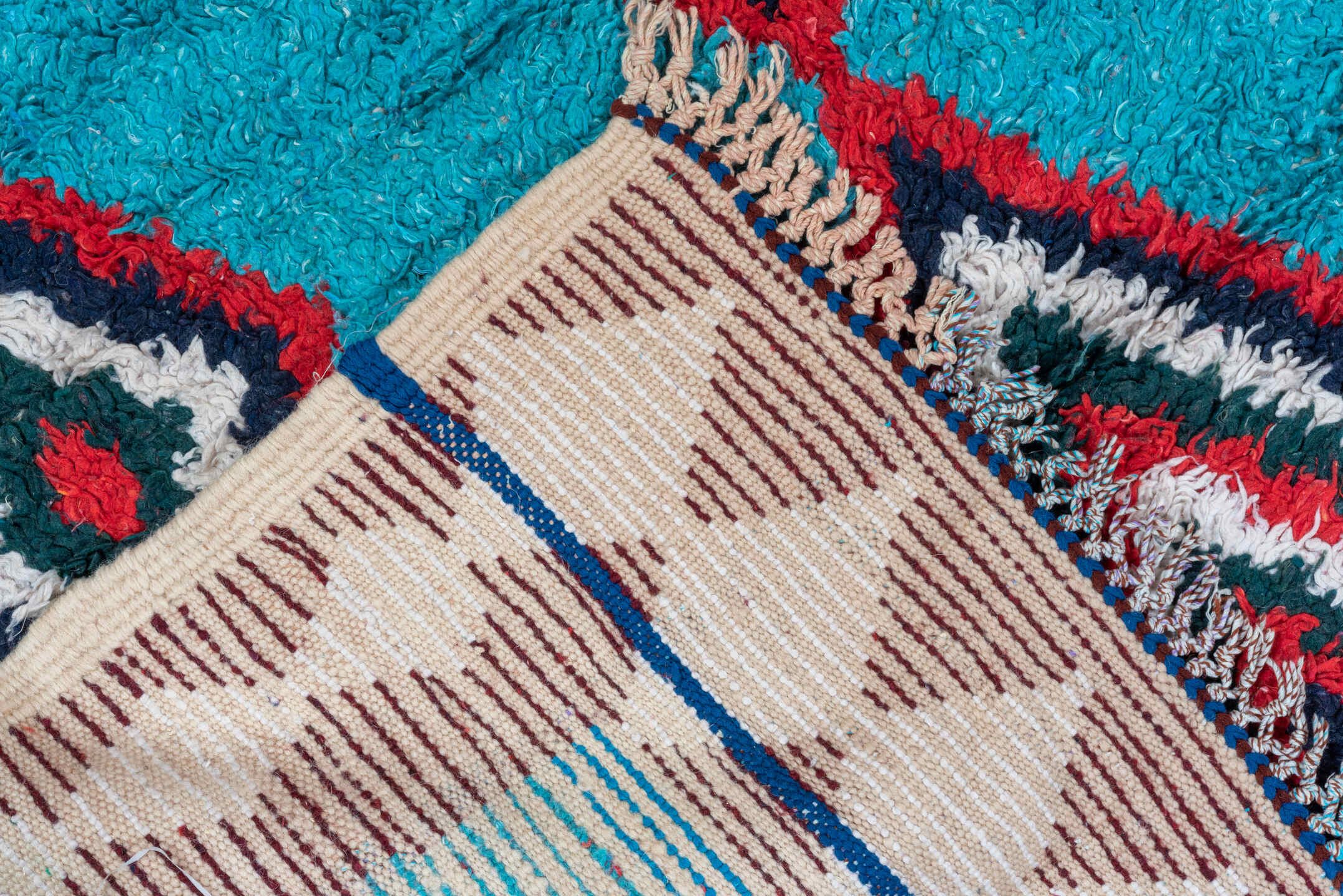 3' x 6' one-of-a-kind handmade vintage Rag Rug small size rug. Color palette: turquoise, ivory, burgundy, crimson, navy