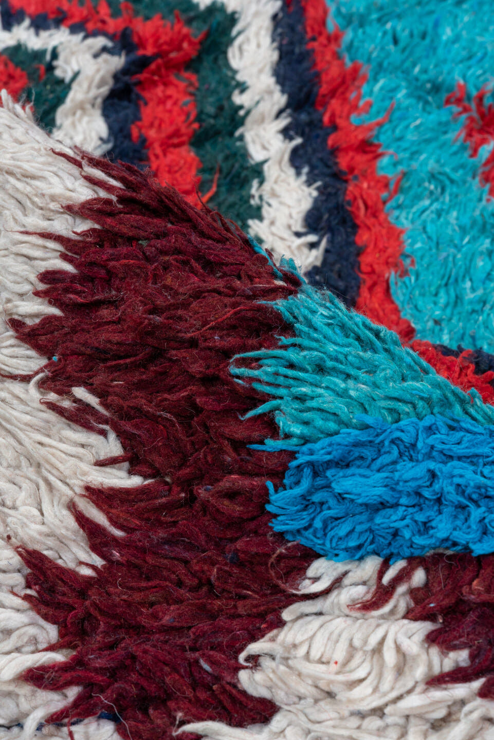 3' x 6' one-of-a-kind handmade vintage Rag Rug small size rug. Color palette: turquoise, ivory, burgundy, crimson, navy