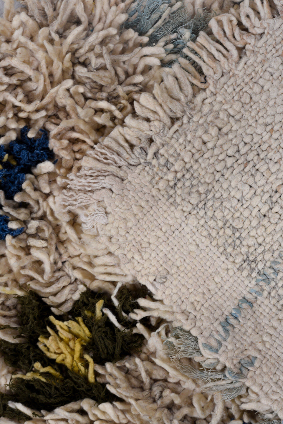 2' x 4' one-of-a-kind handmade vintage Moroccan small size rug. Color palette: ivory, cobalt, charcoal, pale_blue, gold