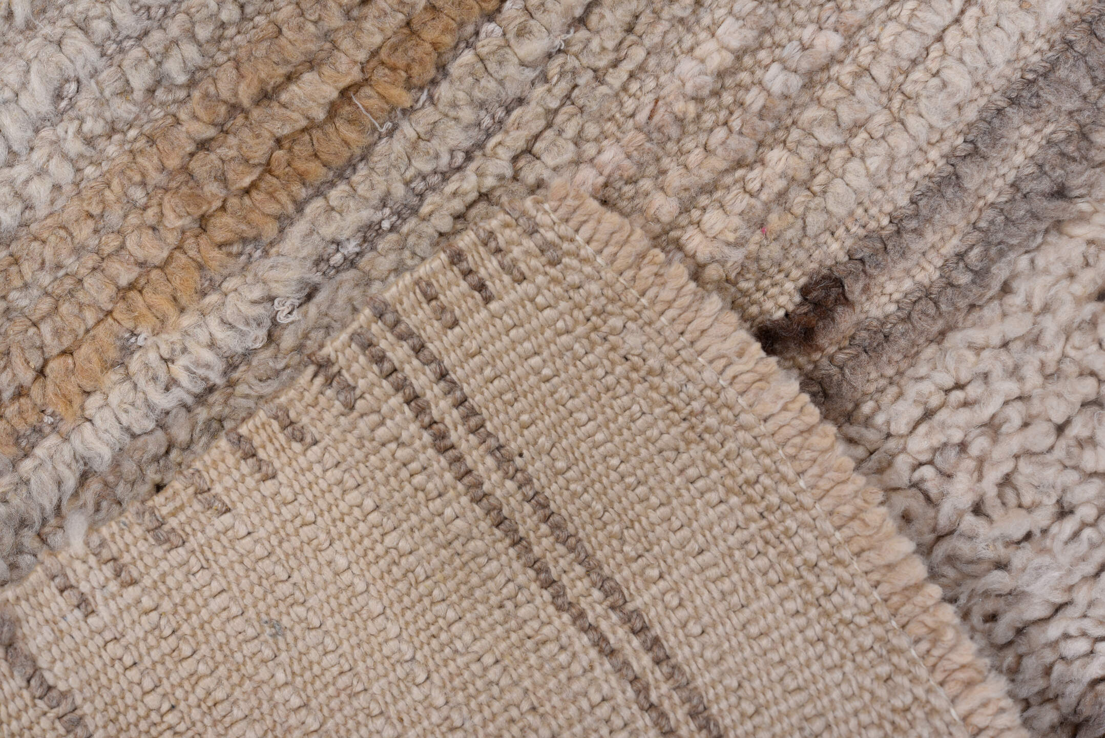 2' x 4' one-of-a-kind handmade vintage Moroccan small size rug. Color palette: ivory, beige, taupe, camel, greige, gray