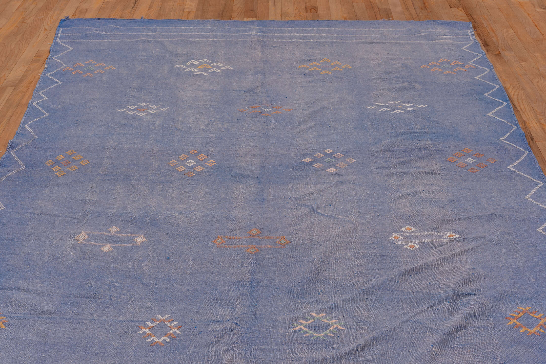 6' x 9' one-of-a-kind handmade vintage Cactus Kilim medium size rug. Color palette: blue, ivory, blush, rust, lavender, pink