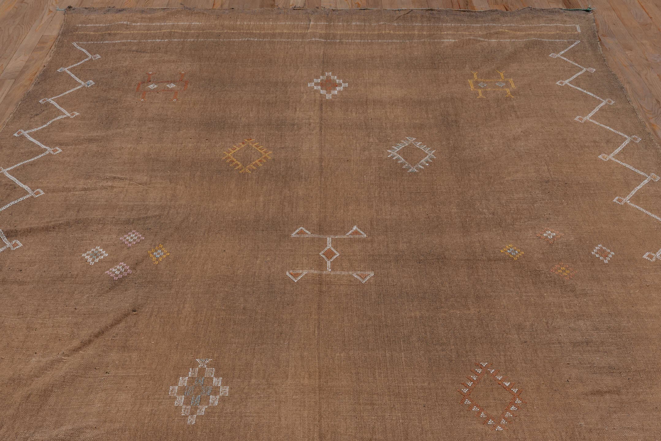6' x 9' one-of-a-kind handmade vintage Cactus Kilim medium size rug. Color palette: camel, taupe, ivory, ochre, rose, brown
