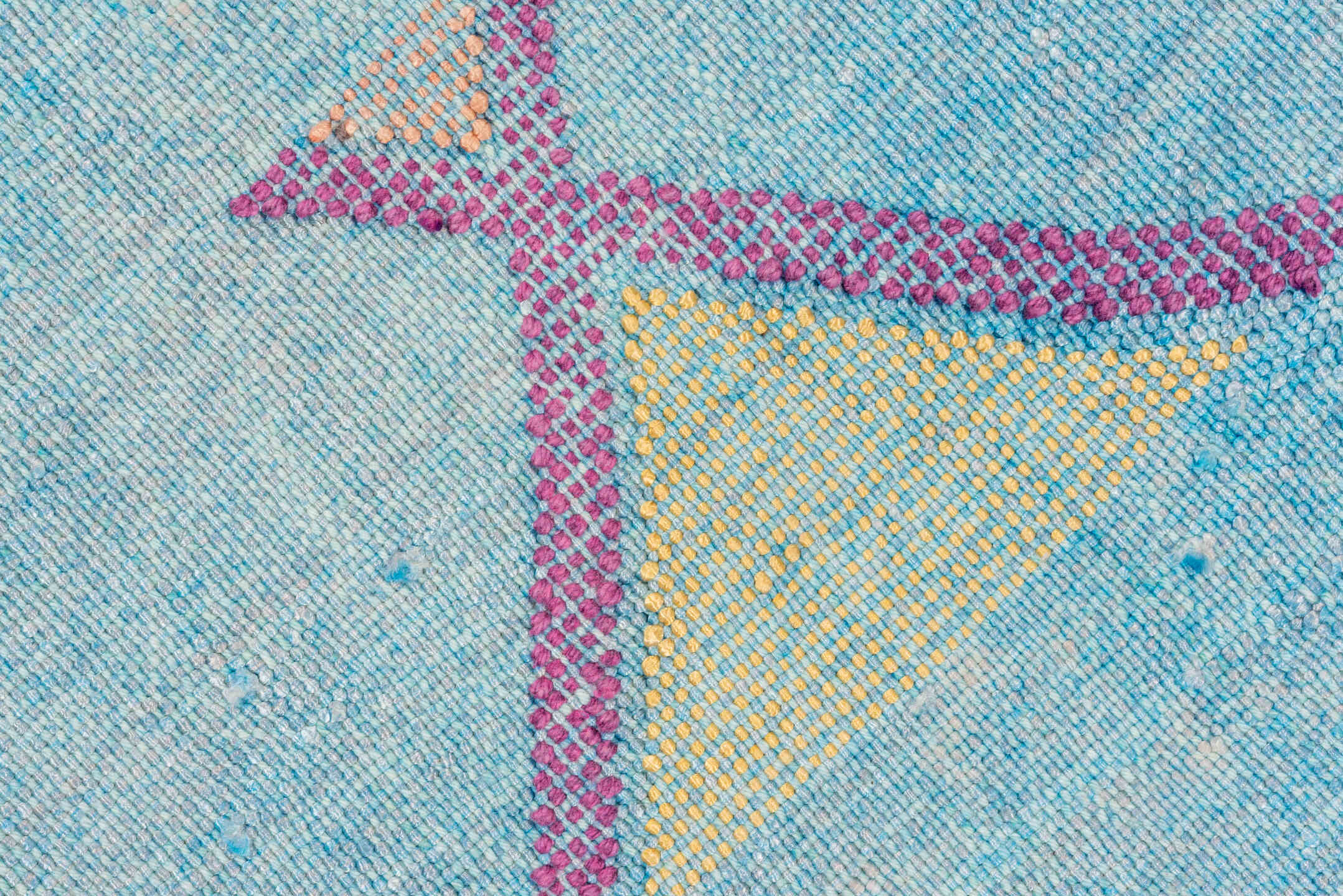 4' x 7' one-of-a-kind handmade vintage Cactus Kilim rug. Color palette: sky blue, turquoise, charcoal, ivory, gold, rose