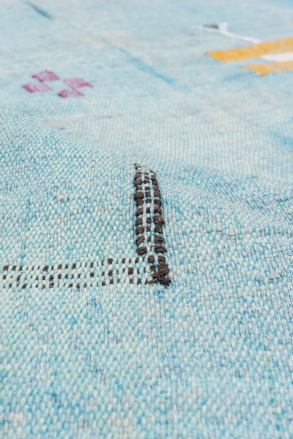 4' x 7' one-of-a-kind handmade vintage Cactus Kilim rug. Color palette: sky blue, turquoise, charcoal, ivory, gold, rose