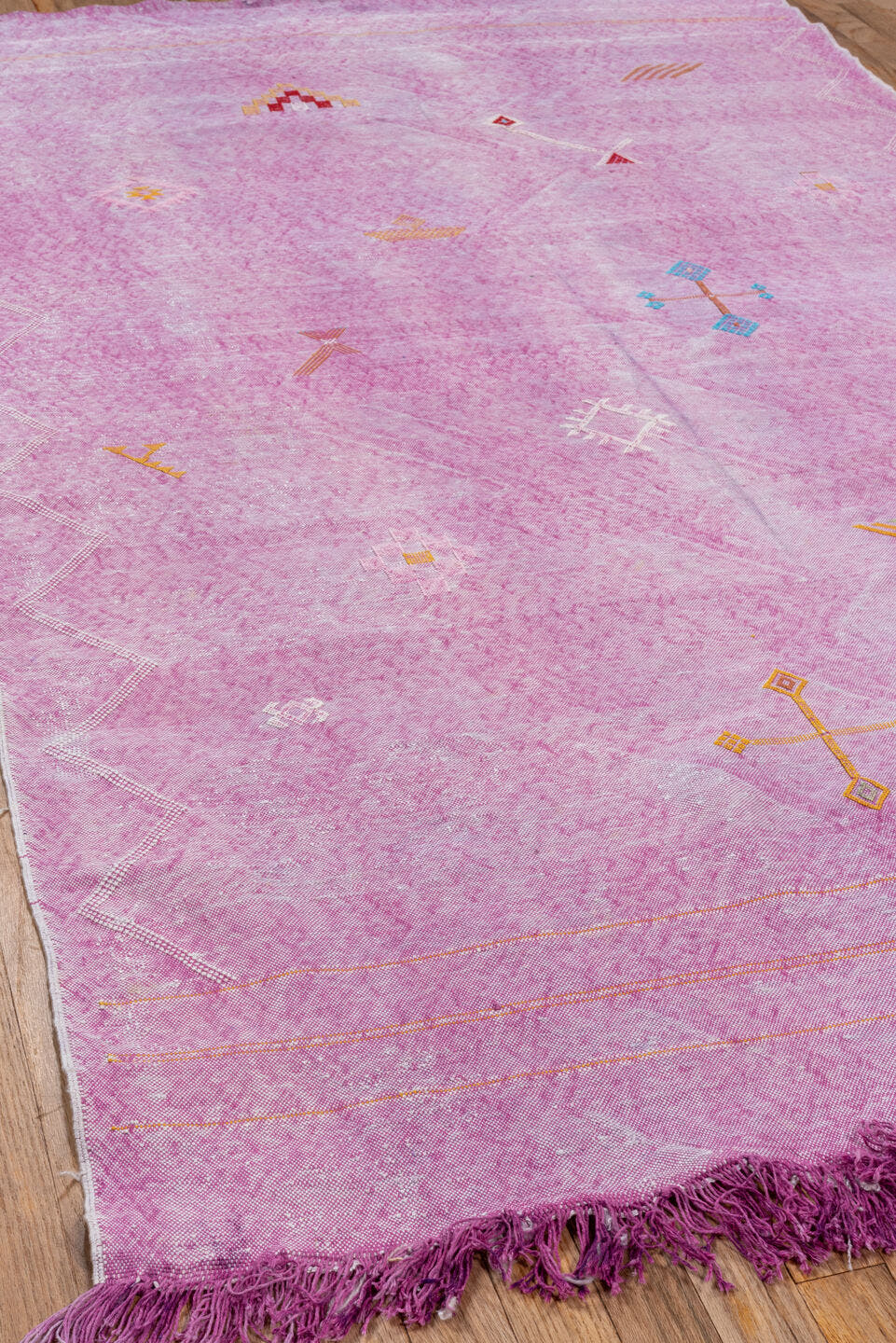 4' x 8' one-of-a-kind handmade vintage Cactus Kilim rug. Color palette: pink, rose, magenta, ivory, saffron, sky_blue