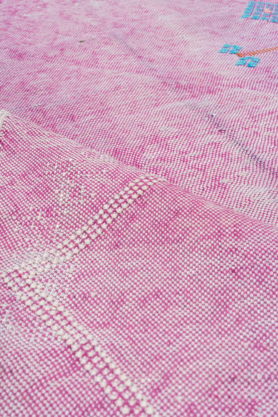 4' x 8' one-of-a-kind handmade vintage Cactus Kilim rug. Color palette: pink, rose, magenta, ivory, saffron, sky_blue