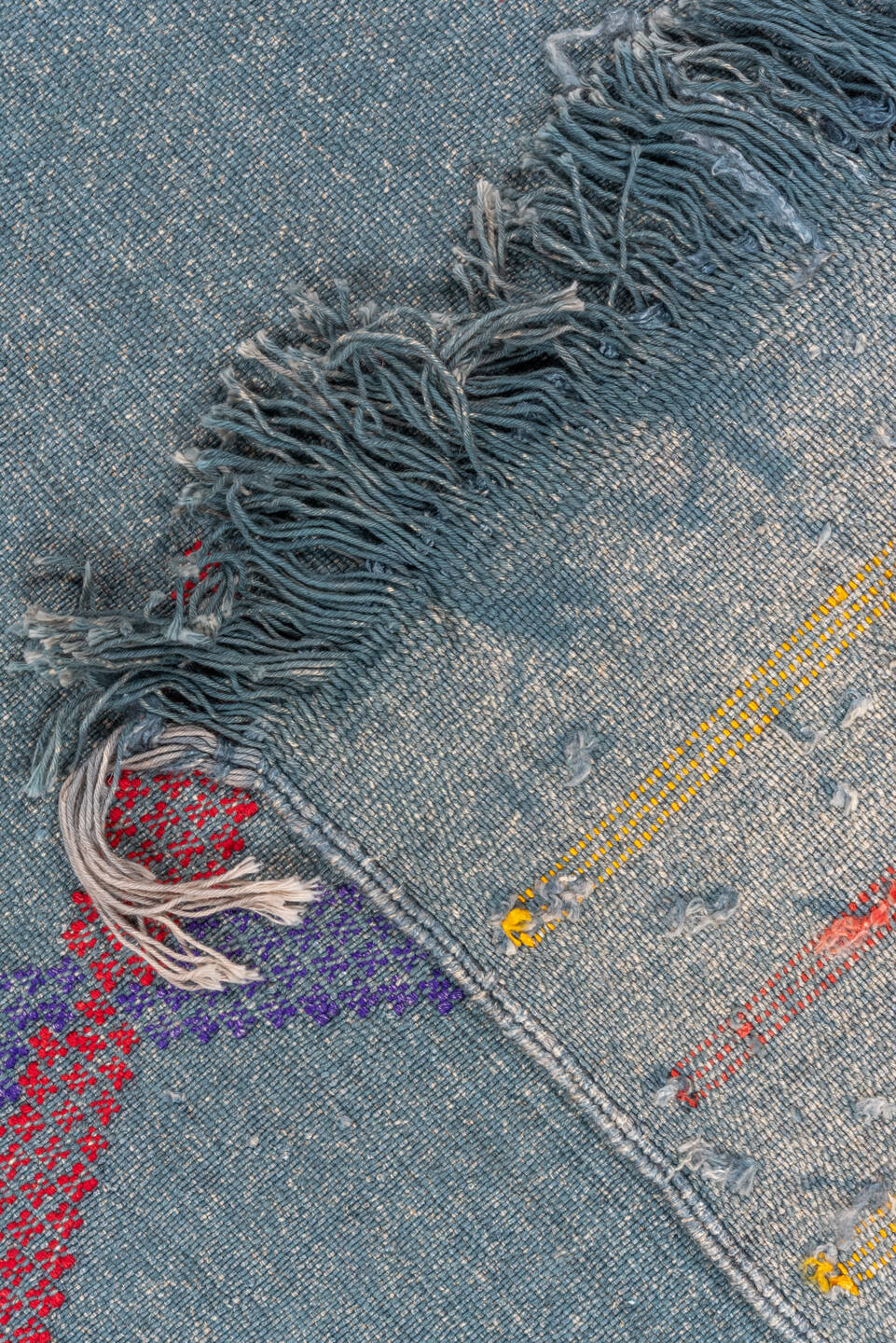 5' x 8' one-of-a-kind handmade vintage Cactus Kilim medium size rug. Color palette: arapawa, blue, brown, dark gray, fiord