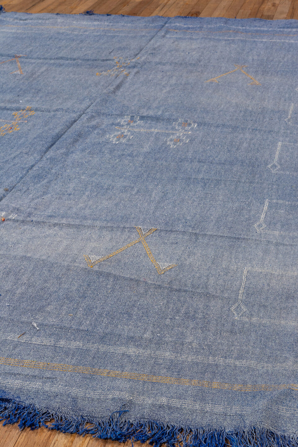 5' x 8' one-of-a-kind handmade vintage Cactus Kilim medium size rug. Color palette: faded blue, ivory, taupe, slate, blue