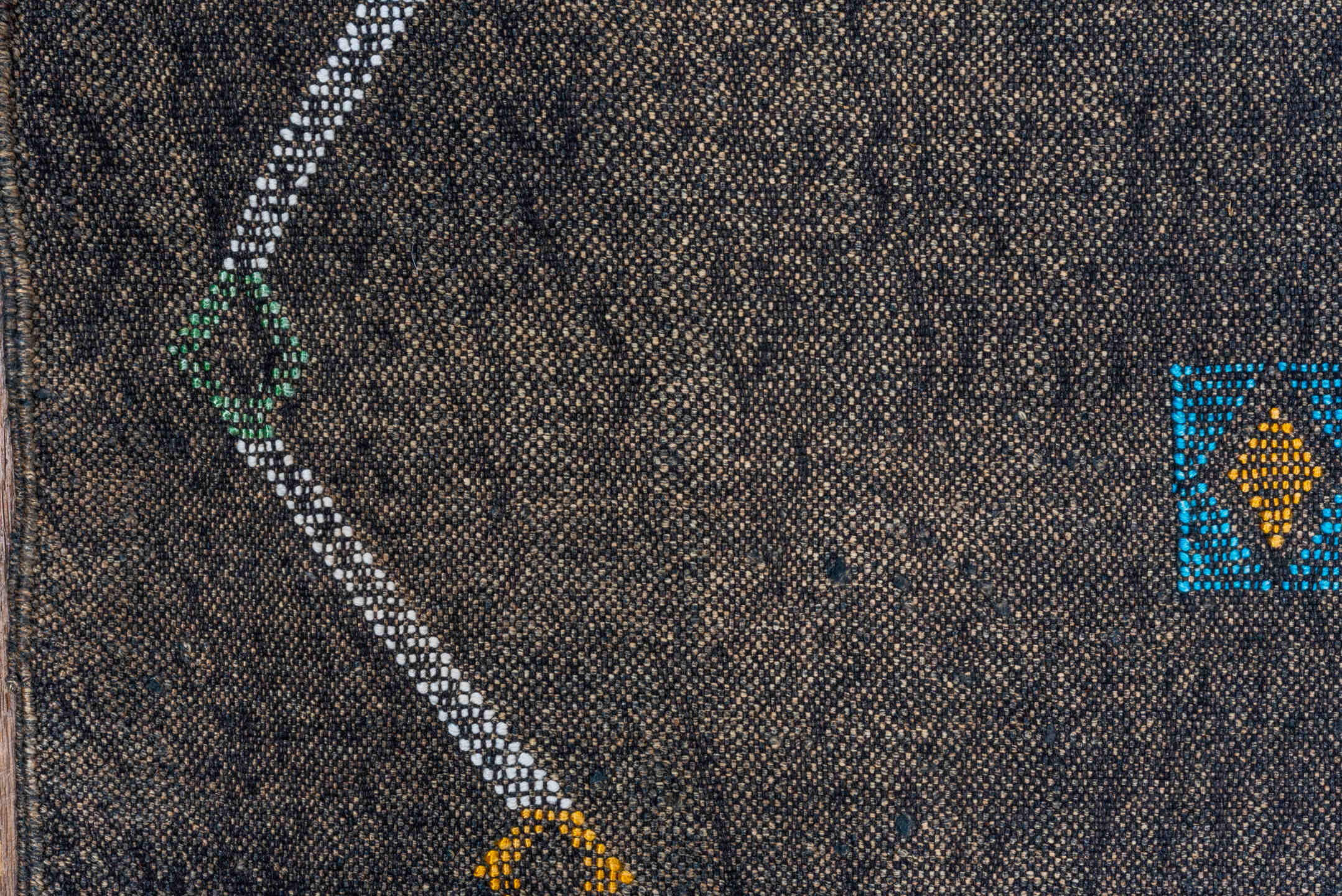 5' x 9' one-of-a-kind handmade vintage Cactus Kilim medium size rug. Color palette: black, blue, charcoal, dim gray, gray