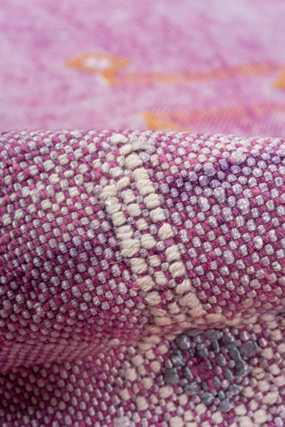 4' x 7' one-of-a-kind handmade vintage Cactus Kilim rug. Color palette: pink, lavender, ivory, rose, orange, plum