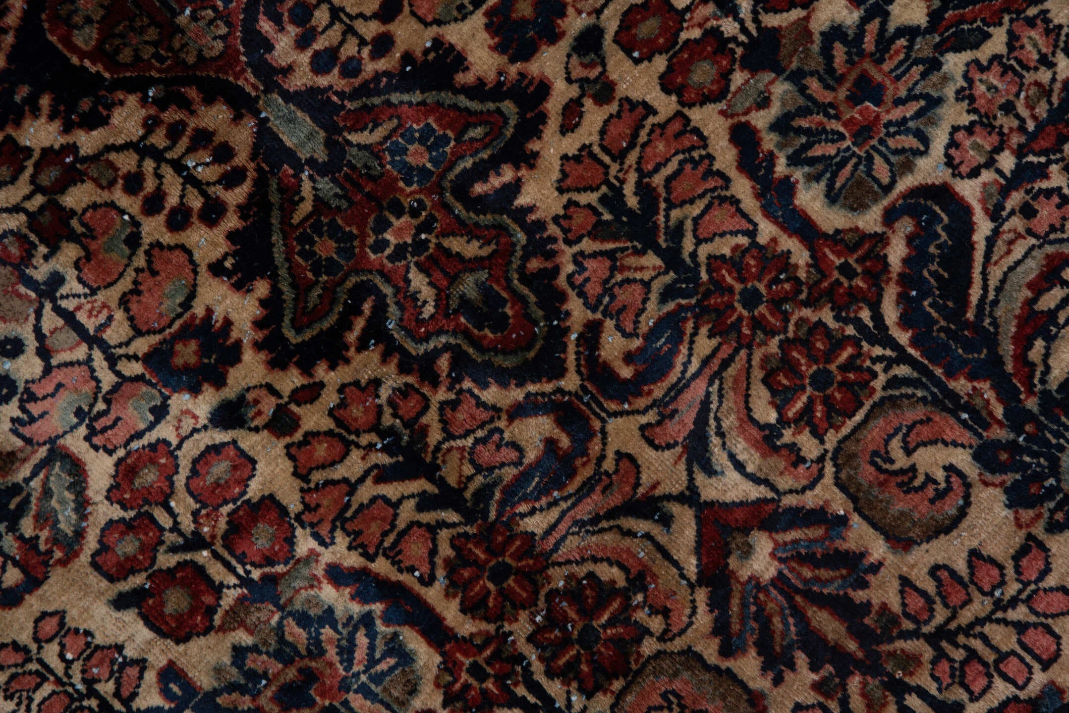 5' x 7' one-of-a-kind handmade antique Sarouk rug. Color palette: ivory, rust, navy, rose, soft blue, burgundy, taupe