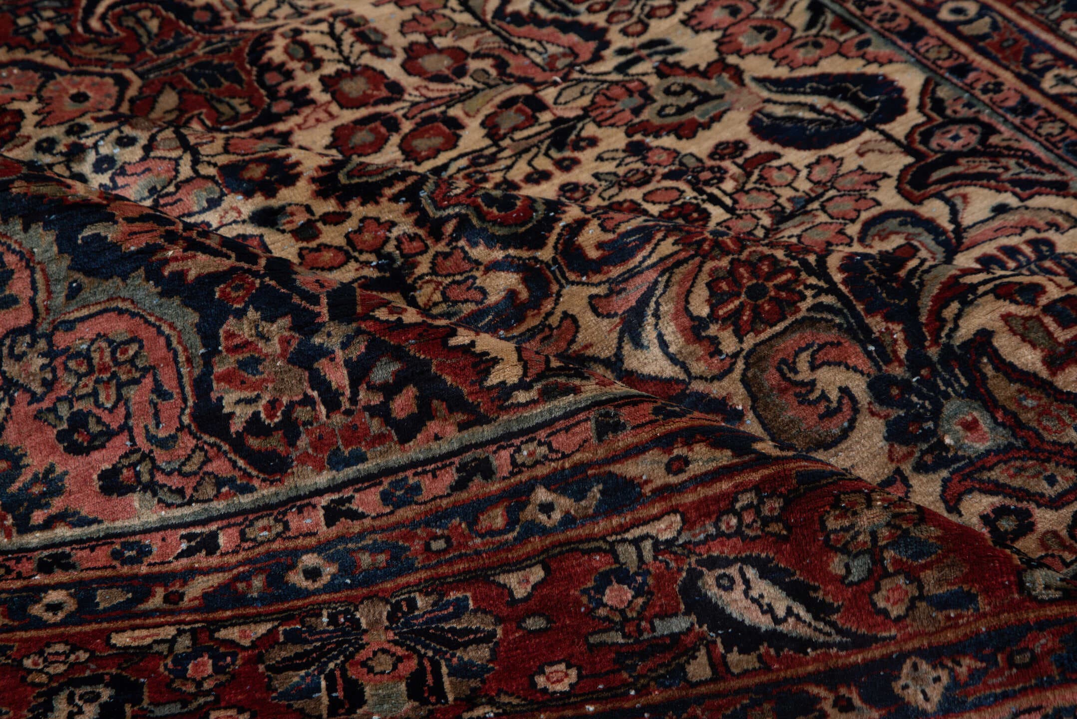 5' x 7' one-of-a-kind handmade antique Sarouk rug. Color palette: ivory, rust, navy, rose, soft blue, burgundy, taupe