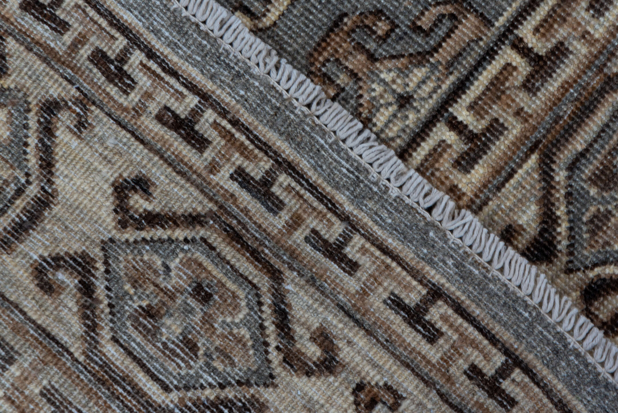 4' x 6' one-of-a-kind handmade vintage Khotan small size rug. Color palette: brown, dark gray, gray, light gray, off-white