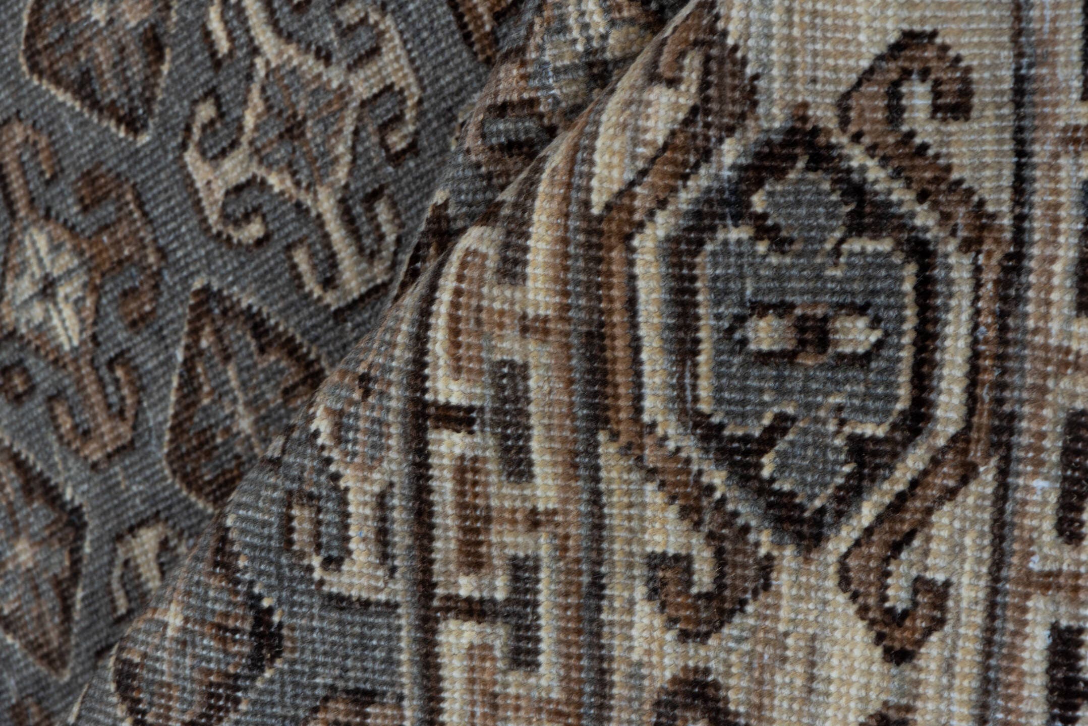 4' x 6' one-of-a-kind handmade vintage Khotan small size rug. Color palette: taupe, ivory, brown, charcoal, camel, greige
