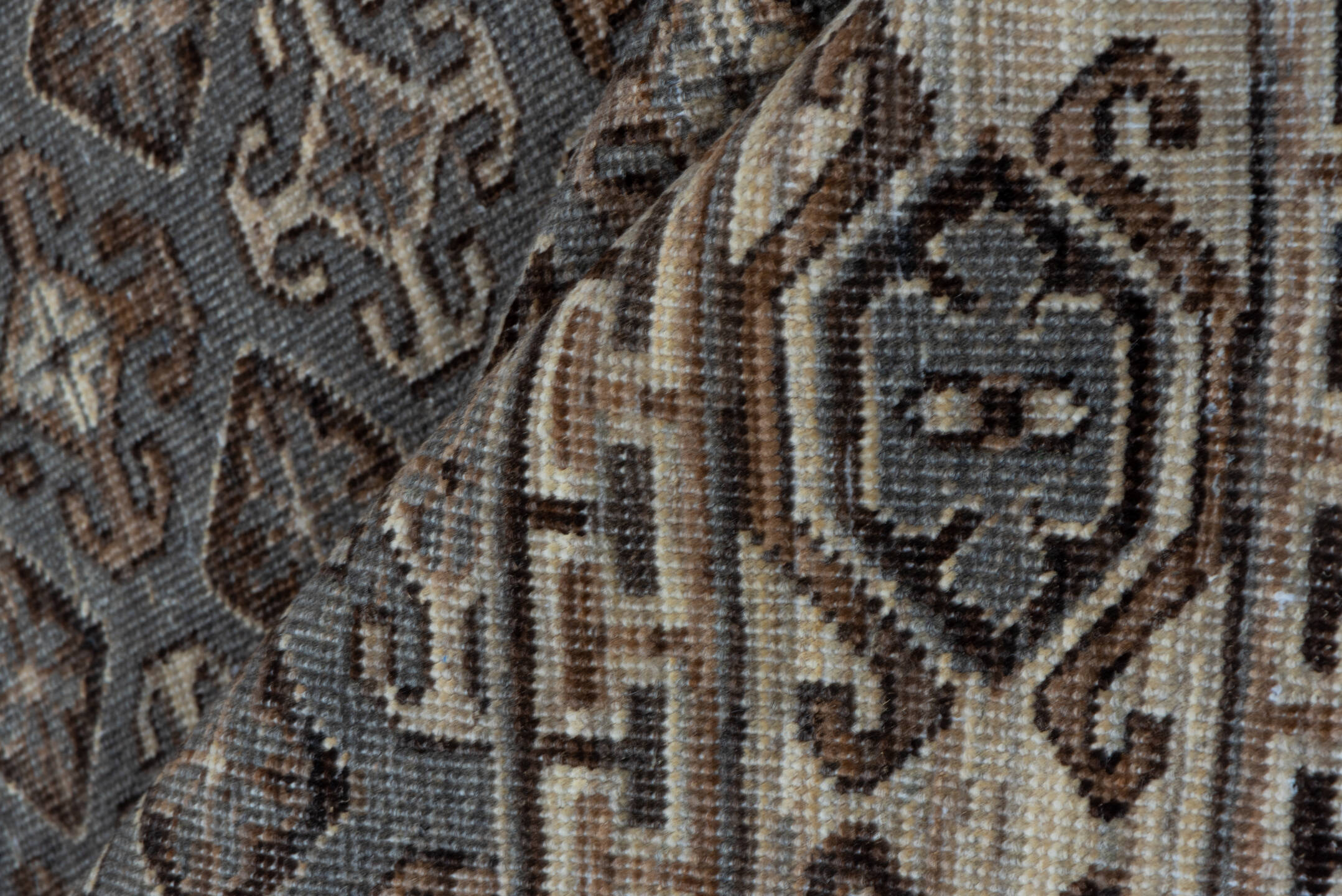 4' x 6' one-of-a-kind handmade vintage Khotan small size rug. Color palette: brown, dark gray, gray, light gray, off-white