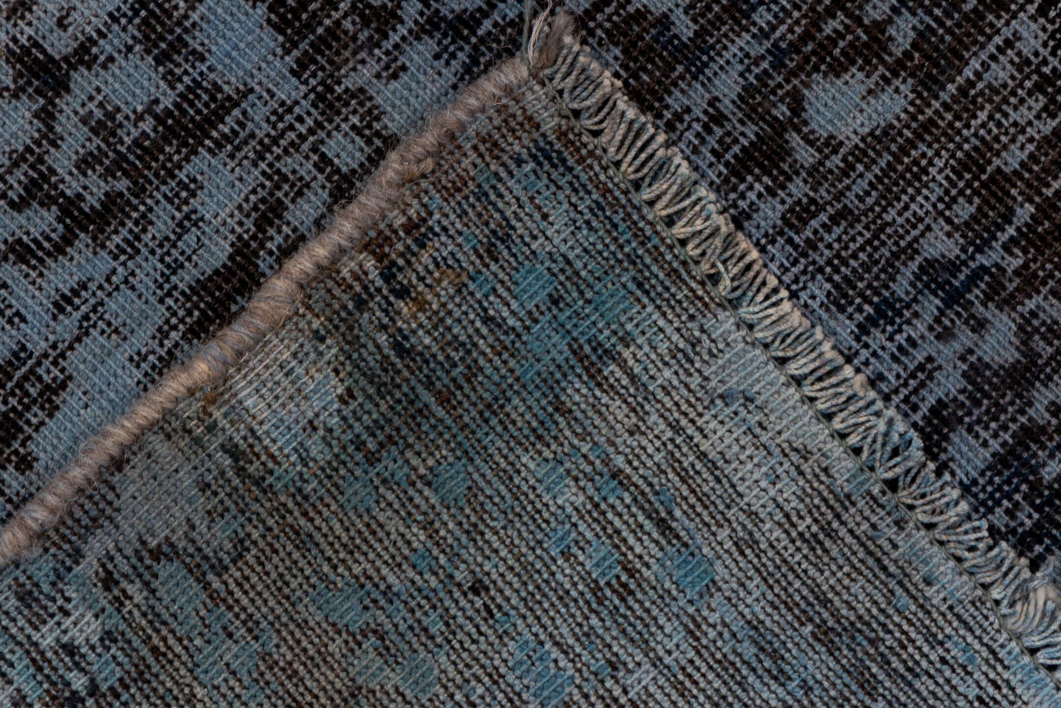 9' x 12' one-of-a-kind handmade vintage Overdyed large size rug. Color palette: blue, charcoal, slate, black, gray