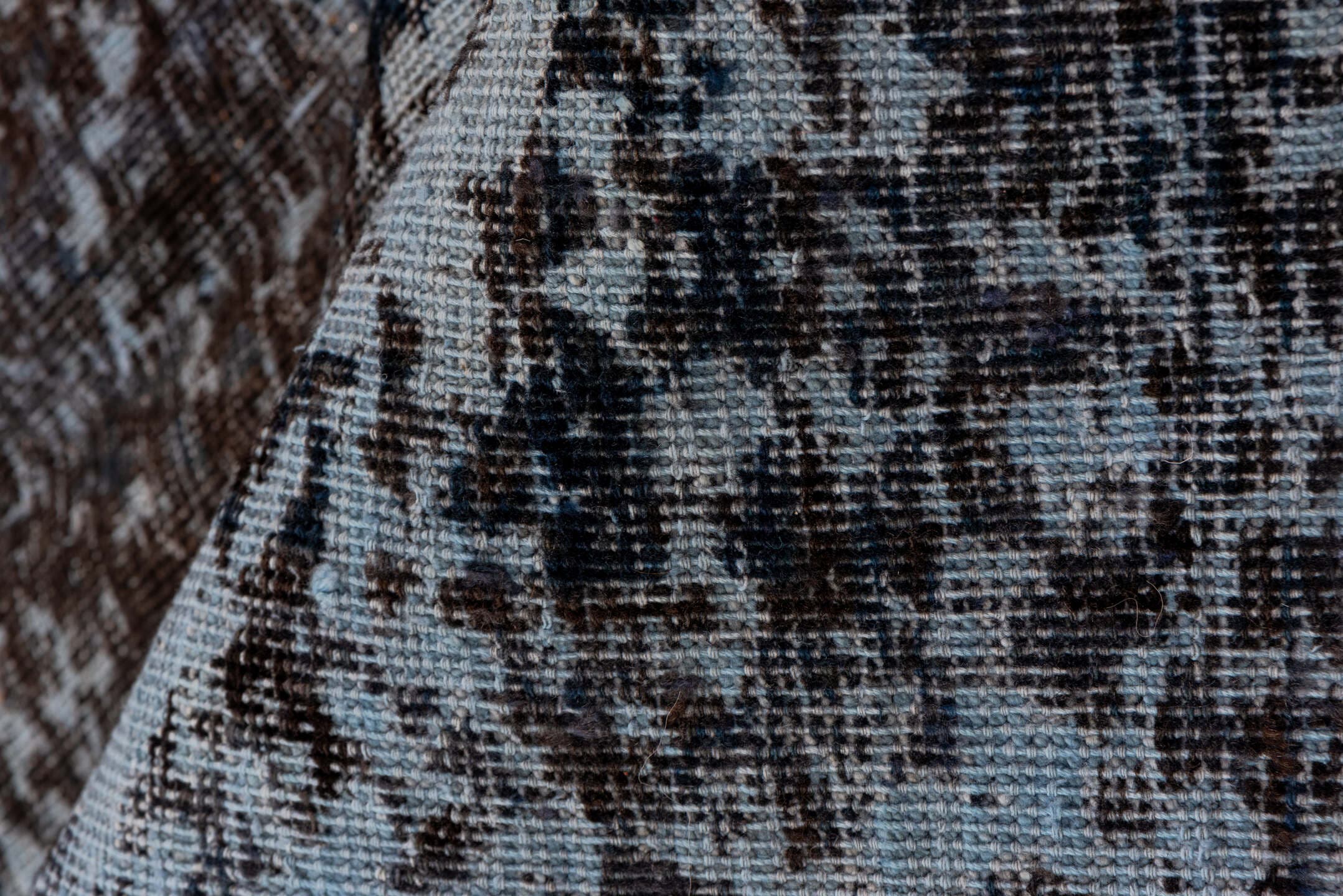 9' x 12' one-of-a-kind handmade vintage Overdyed large size rug. Color palette: blue, charcoal, slate, black, gray