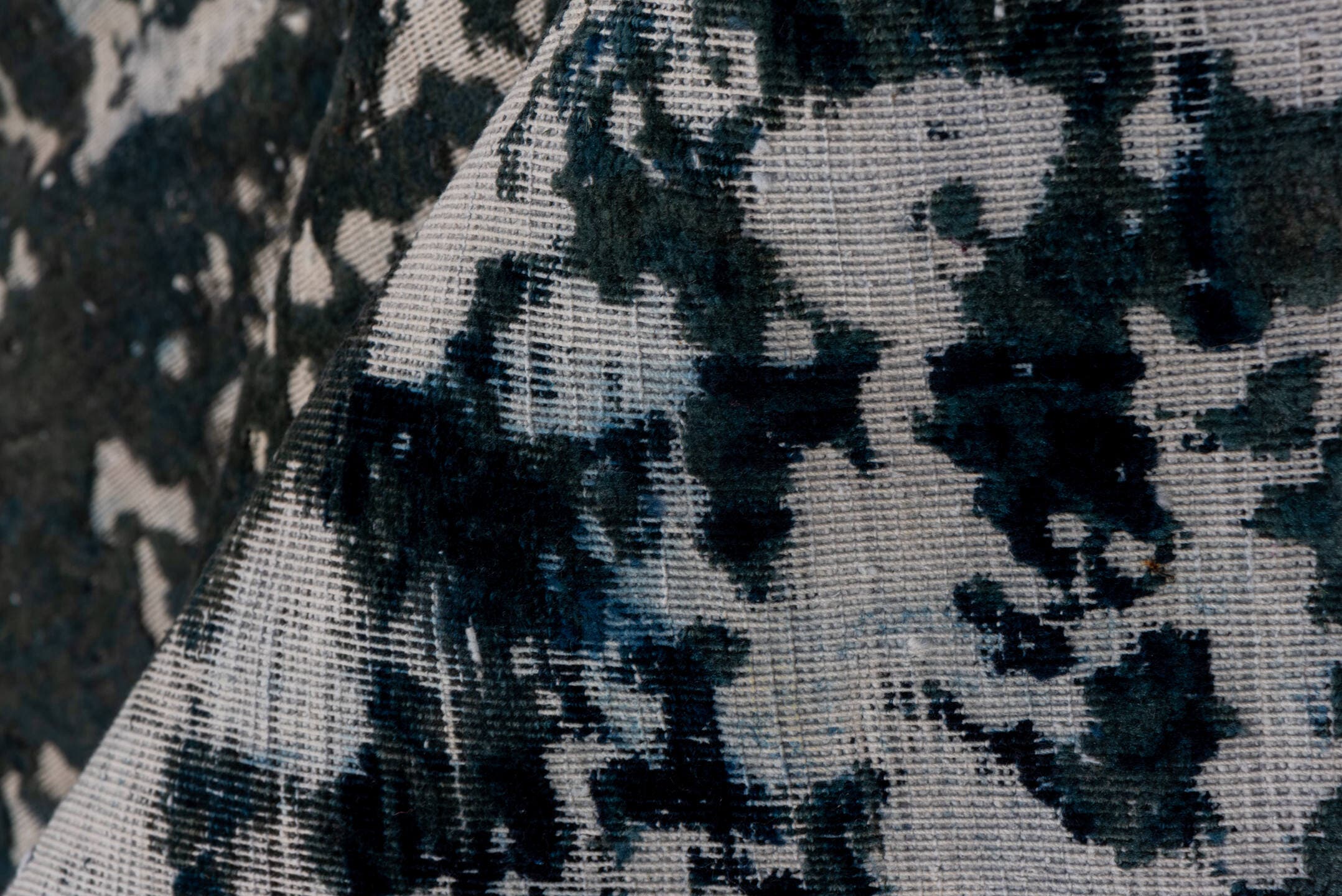9' x 12' one-of-a-kind handmade vintage Overdyed large size rug. Color palette: blue, slate, ivory, charcoal, steel_blue