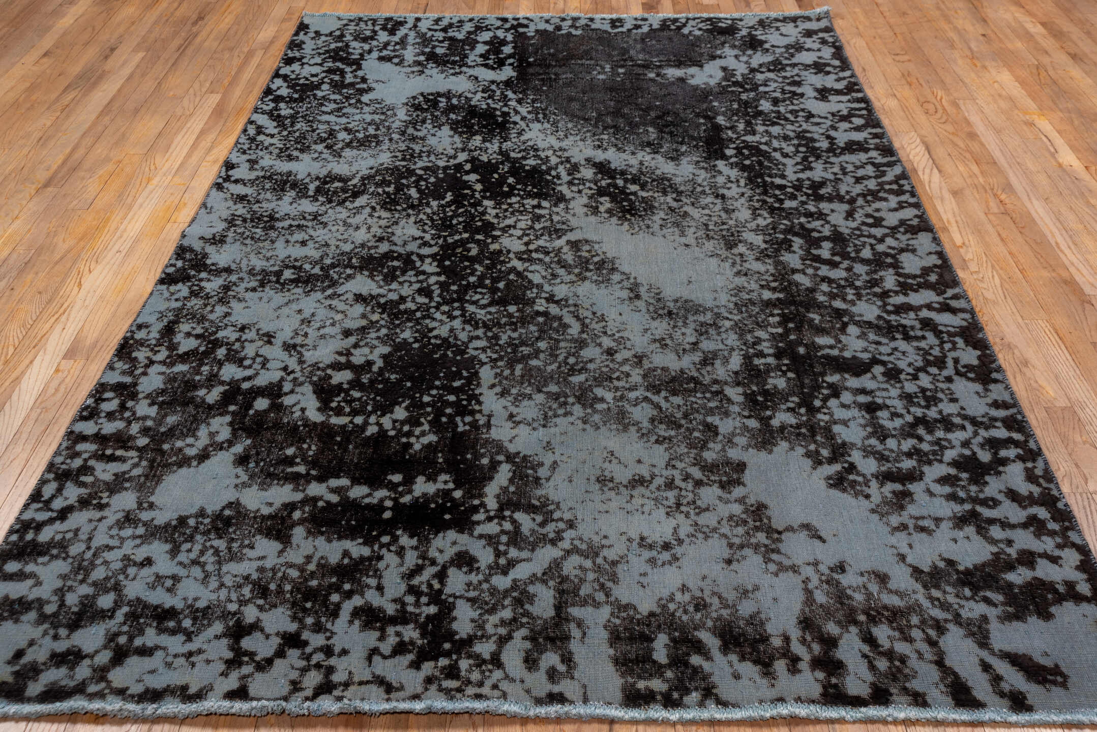 6' x 9' one-of-a-kind handmade vintage Overdyed medium size rug. Color palette: charcoal, slate, ice blue, silver, gray