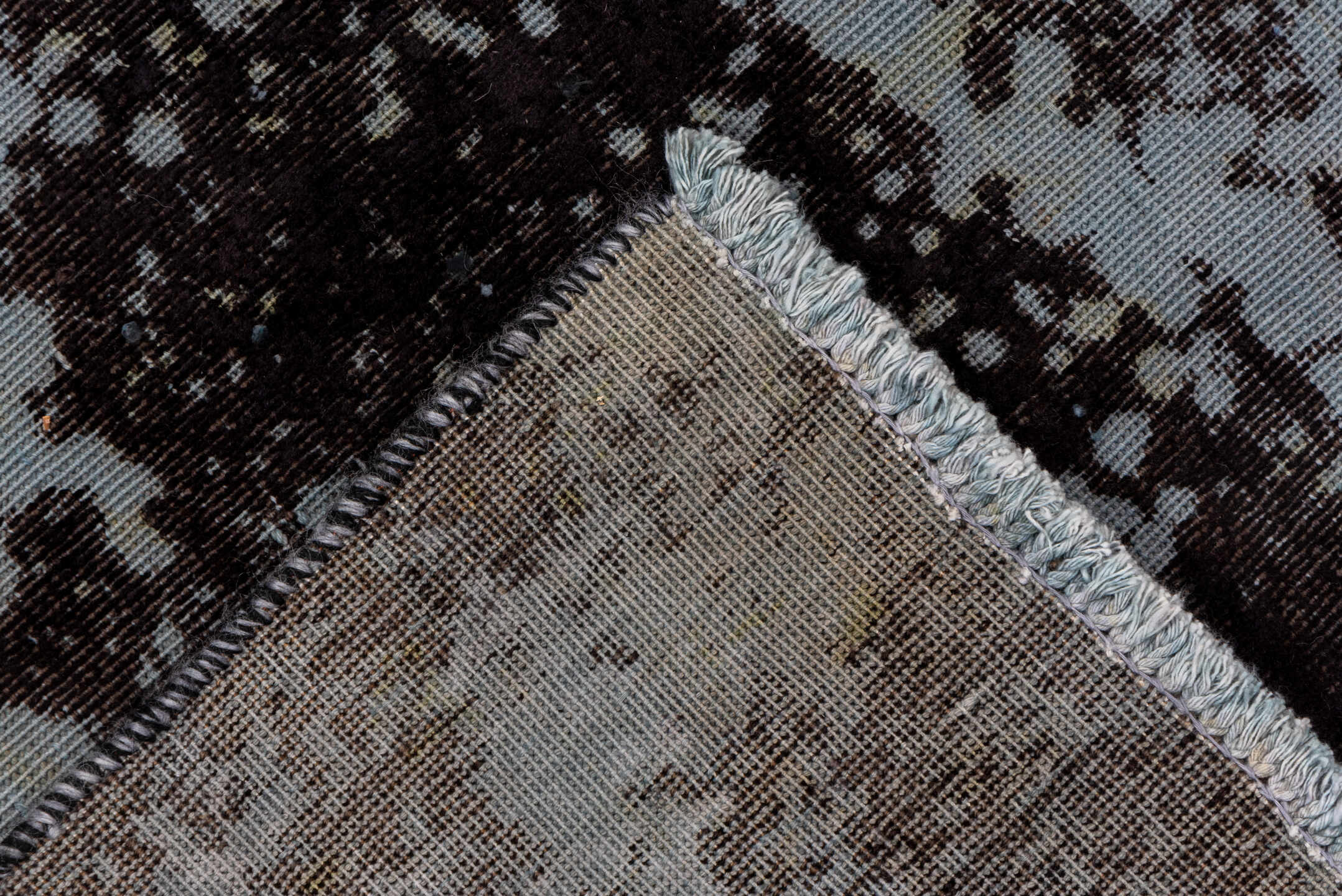 6' x 9' one-of-a-kind handmade vintage Overdyed medium size rug. Color palette: charcoal, slate, ice blue, silver, gray