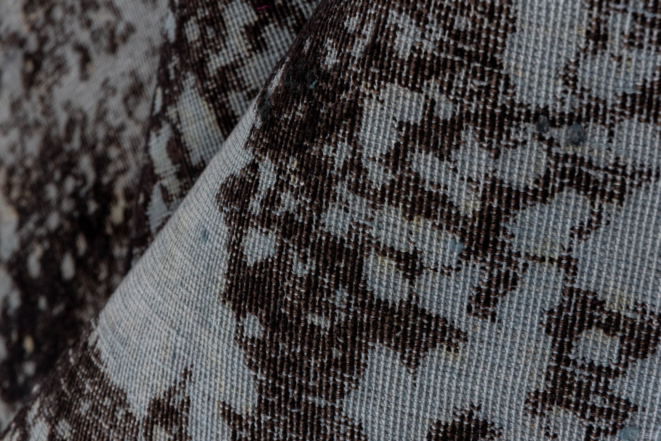 6' x 9' one-of-a-kind handmade vintage Overdyed medium size rug. Color palette: charcoal, slate, ice blue, silver, gray