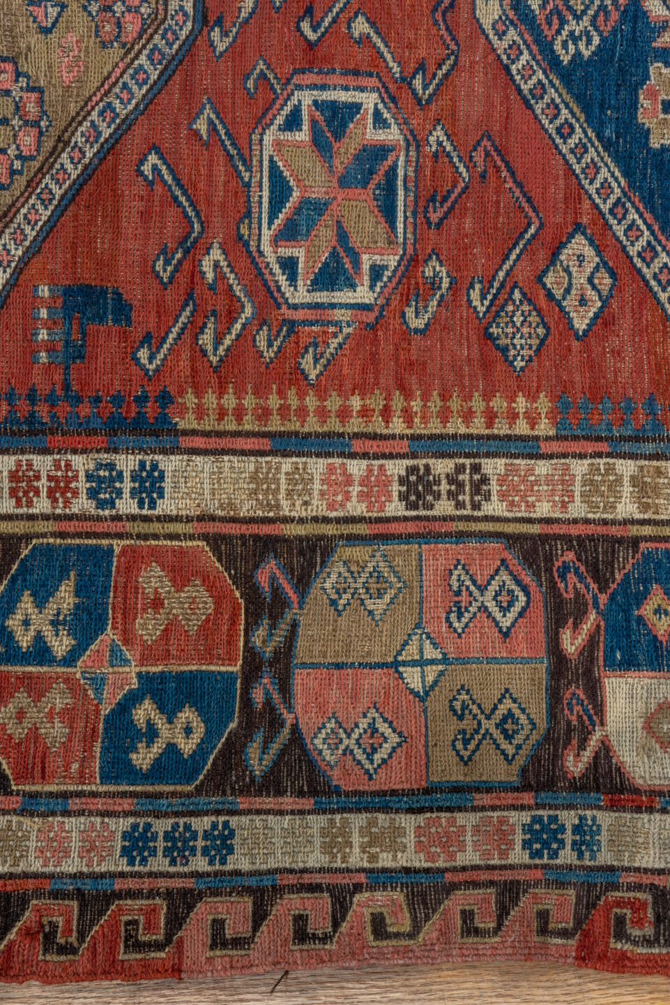 3' x 6' one-of-a-kind handmade vintage Sumak small size rug. Color palette: blue, brown, dark gray, gray, light gray