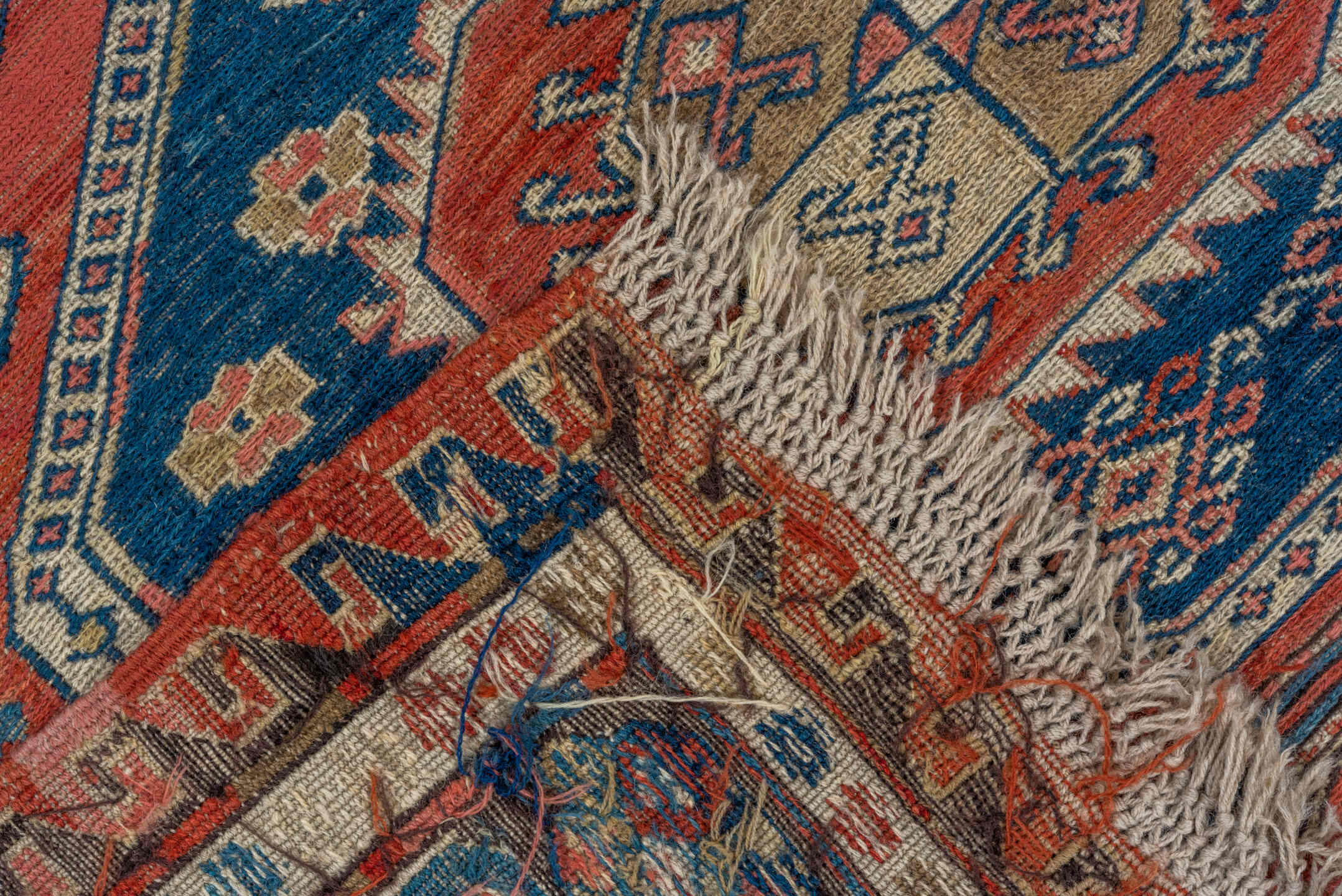 3' x 6' one-of-a-kind handmade vintage Sumak small size rug. Color palette: blue, brown, dark gray, gray, light gray