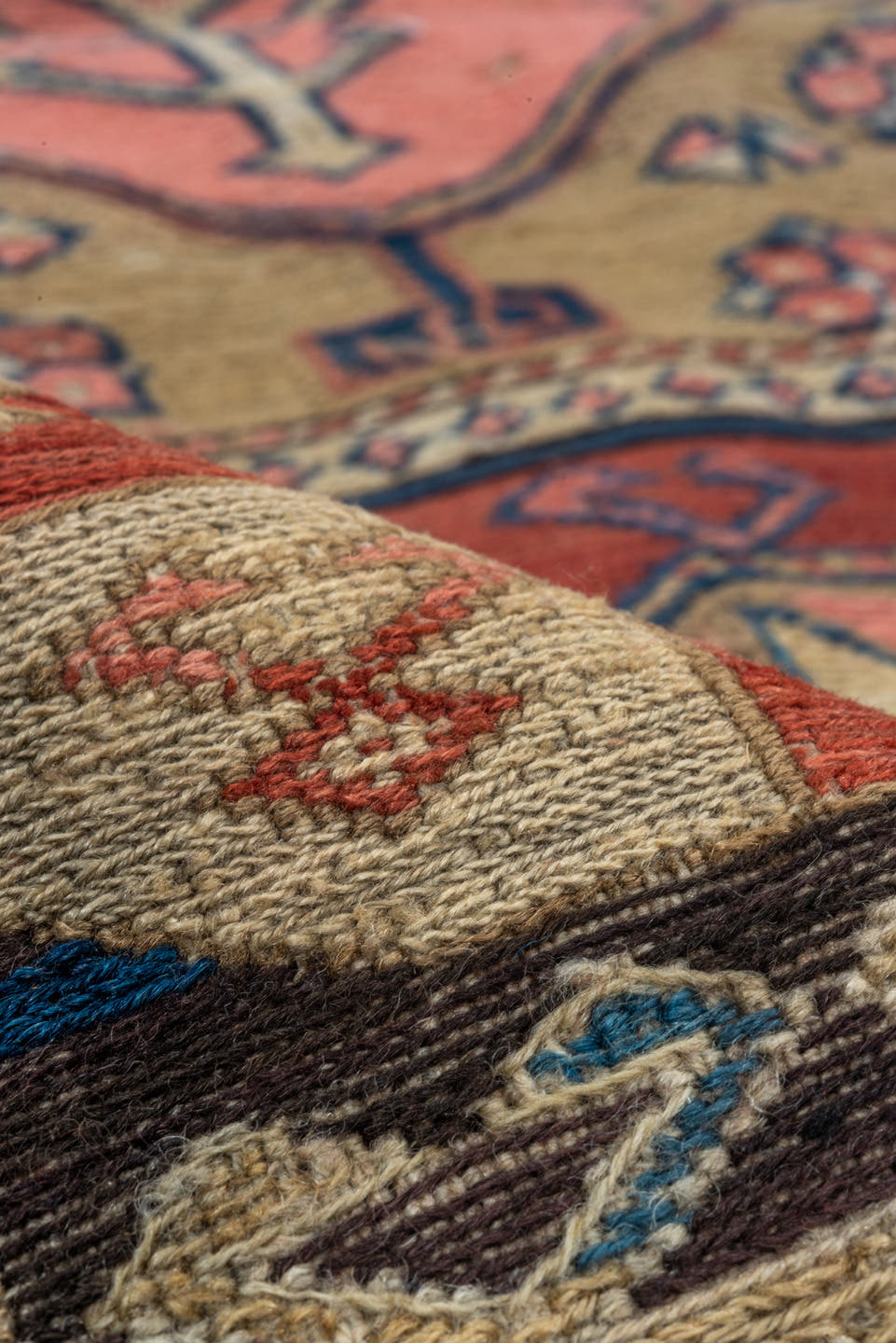 3' x 6' one-of-a-kind handmade antique Sumak small size rug. Color palette: rust, ivory, indigo, camel, charcoal, rose