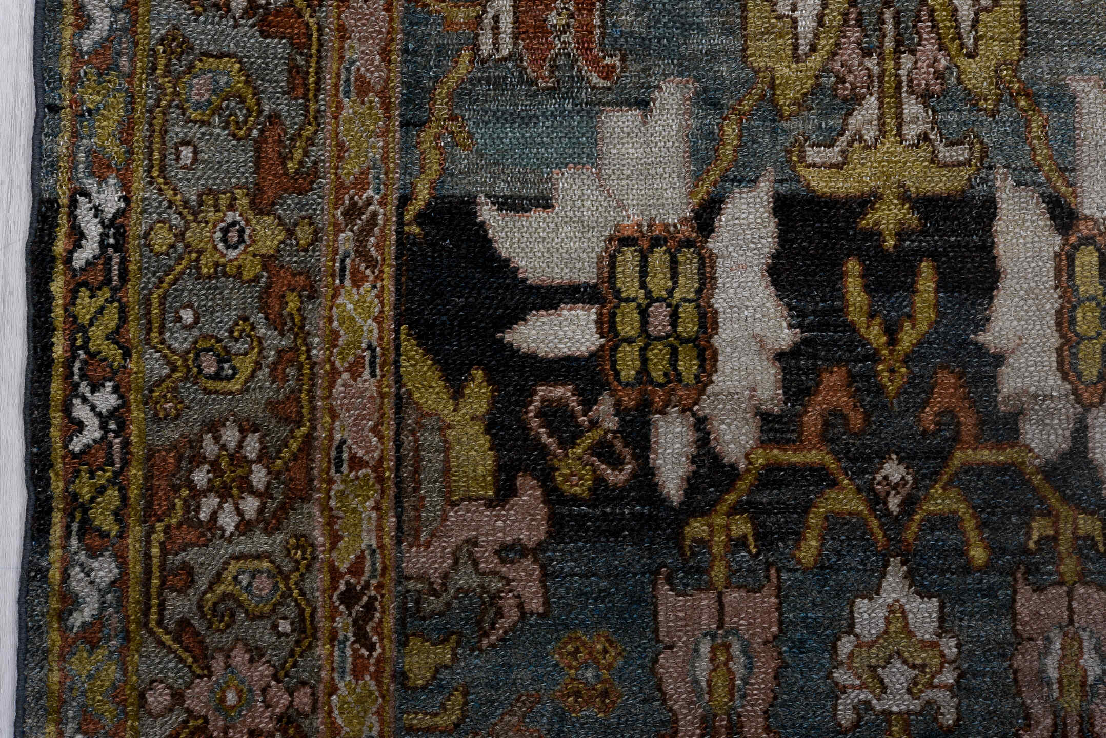 2' x 13' one-of-a-kind handmade vintage Malayer runner rug. Color palette: brown, gray, black, pink, blue, charcoal