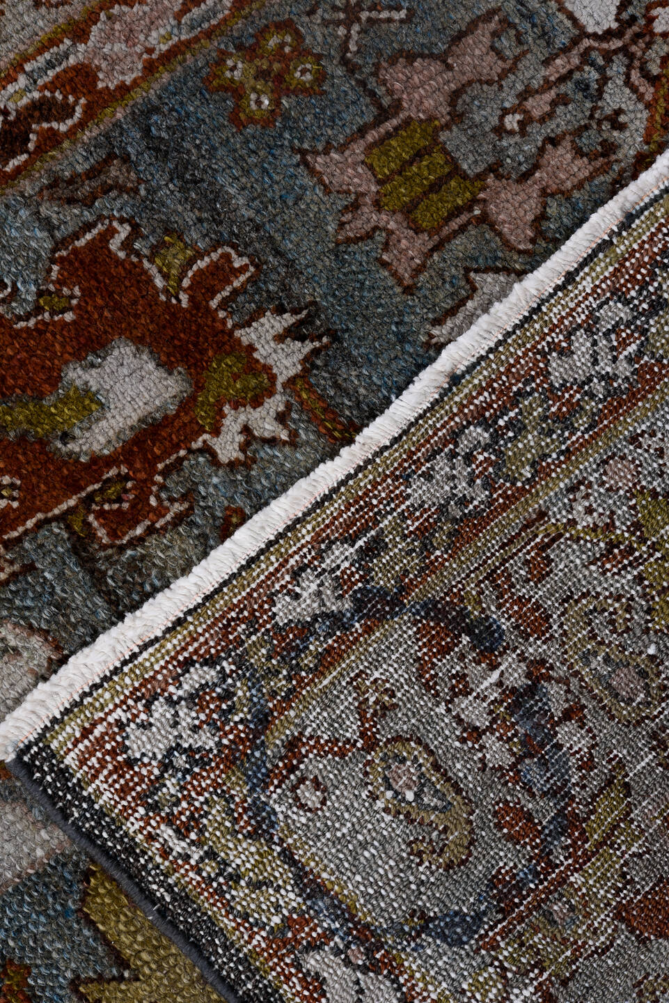 2' x 13' one-of-a-kind handmade vintage Malayer runner rug. Color palette: brown, gray, black, pink, blue, charcoal