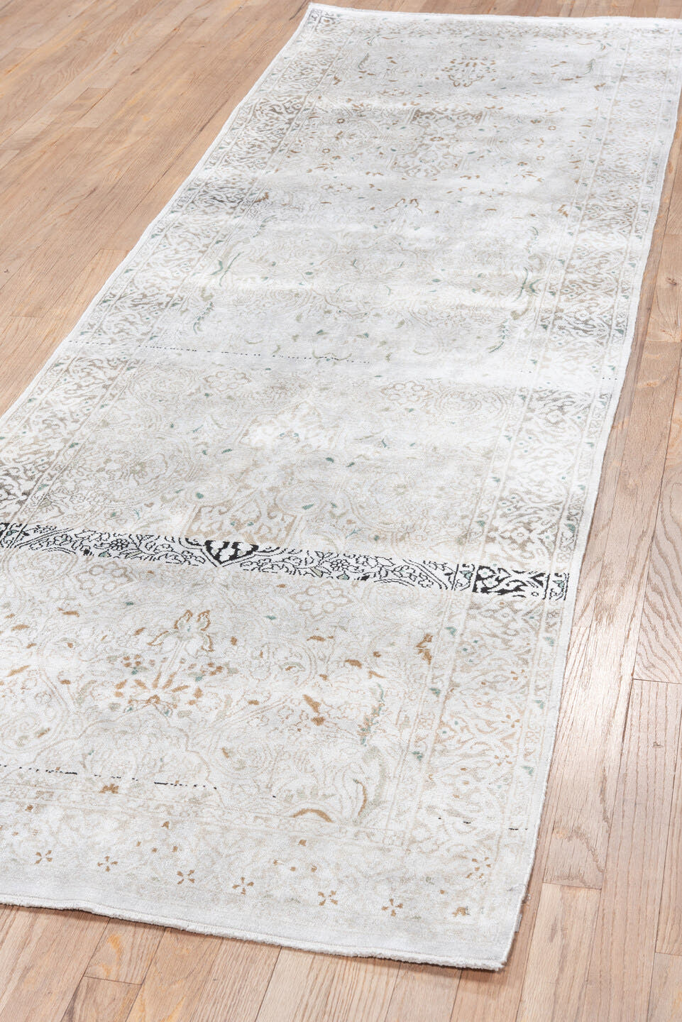 2' x 9' one-of-a-kind handmade vintage Kashmir runner rug. Color palette: ivory, cream, taupe, sage, beige, brown, gray