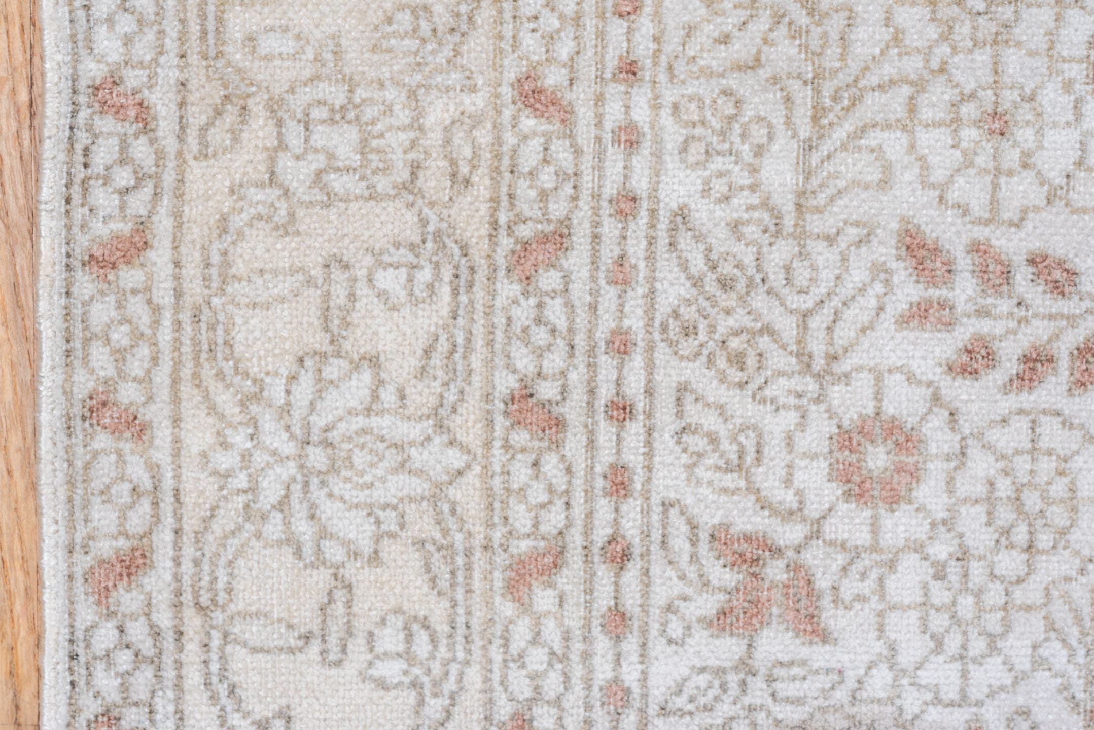 3' x 5' one-of-a-kind handmade antique Kashmir small size rug. Color palette: ivory, taupe, soft rose, beige, camel