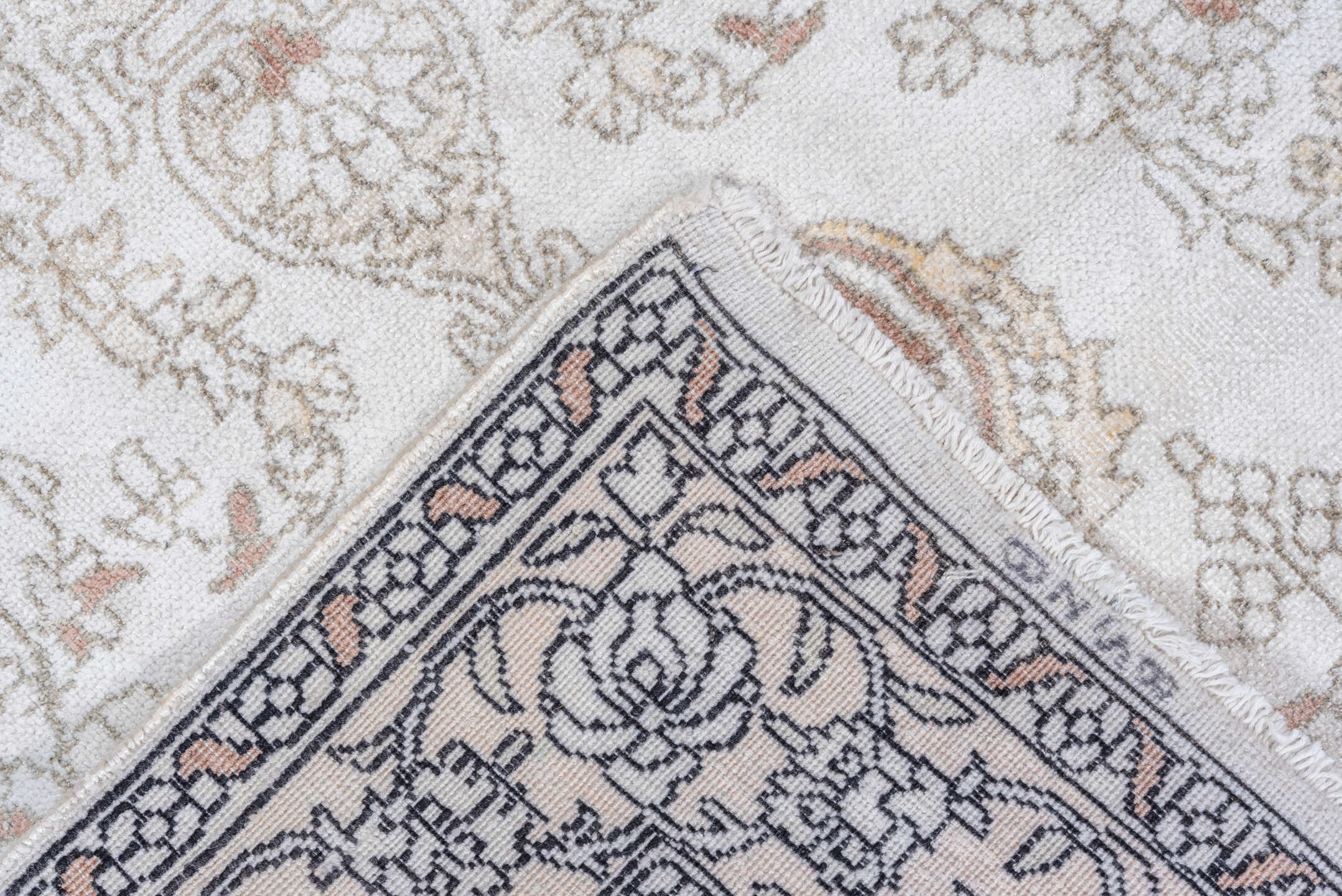 3' x 5' one-of-a-kind handmade antique Kashmir small size rug. Color palette: ivory, taupe, soft rose, beige, camel