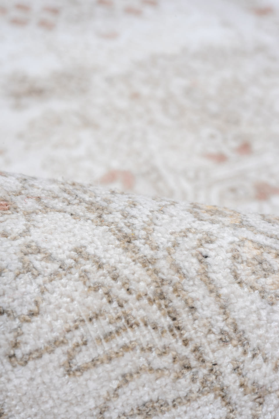 3' x 5' one-of-a-kind handmade antique Kashmir small size rug. Color palette: ivory, taupe, soft rose, beige, camel