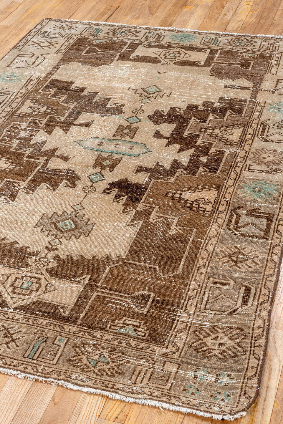 4' x 6' one-of-a-kind handmade antique Hamadan small size rug. Color palette: ivory, brown, taupe, aqua, beige, gray, teal