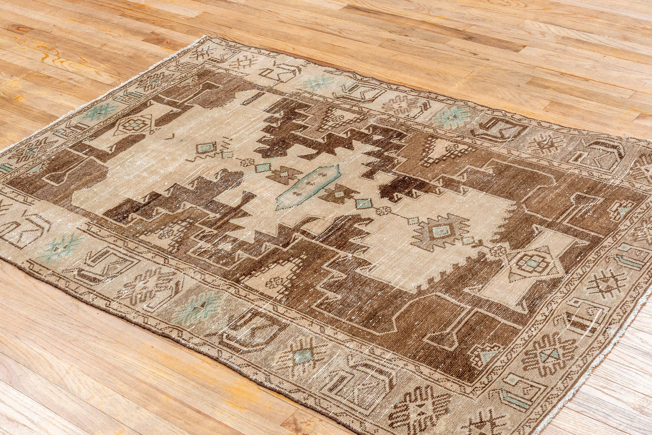 4' x 6' one-of-a-kind handmade antique Hamadan small size rug. Color palette: ivory, brown, taupe, aqua, beige, gray, teal