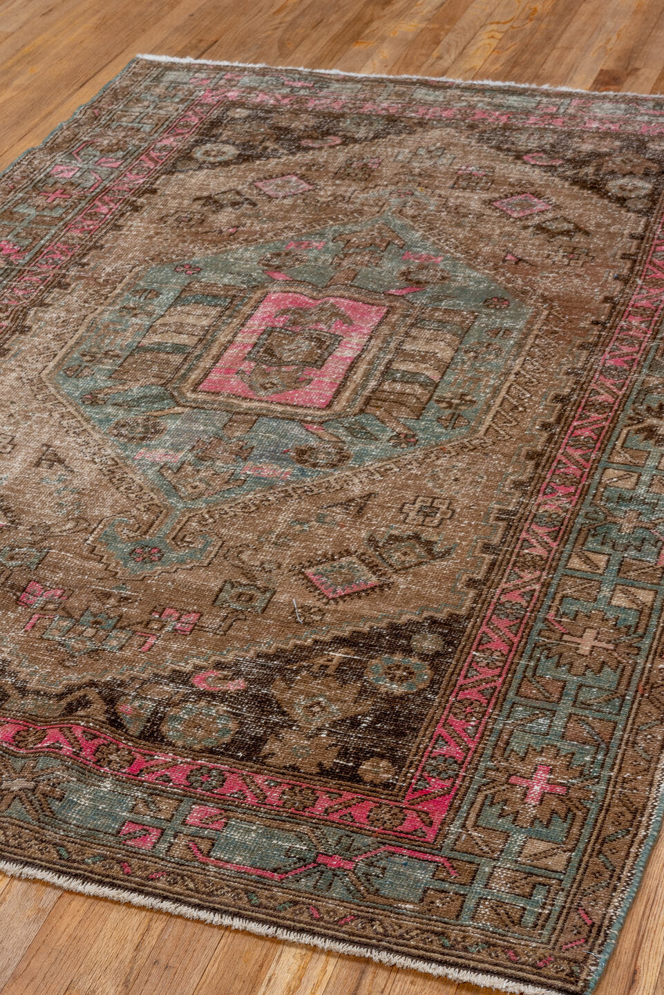 4' x 6' one-of-a-kind handmade antique Hamadan small size rug. Color palette: taupe, brown, sky blue, pink, charcoal, ivory