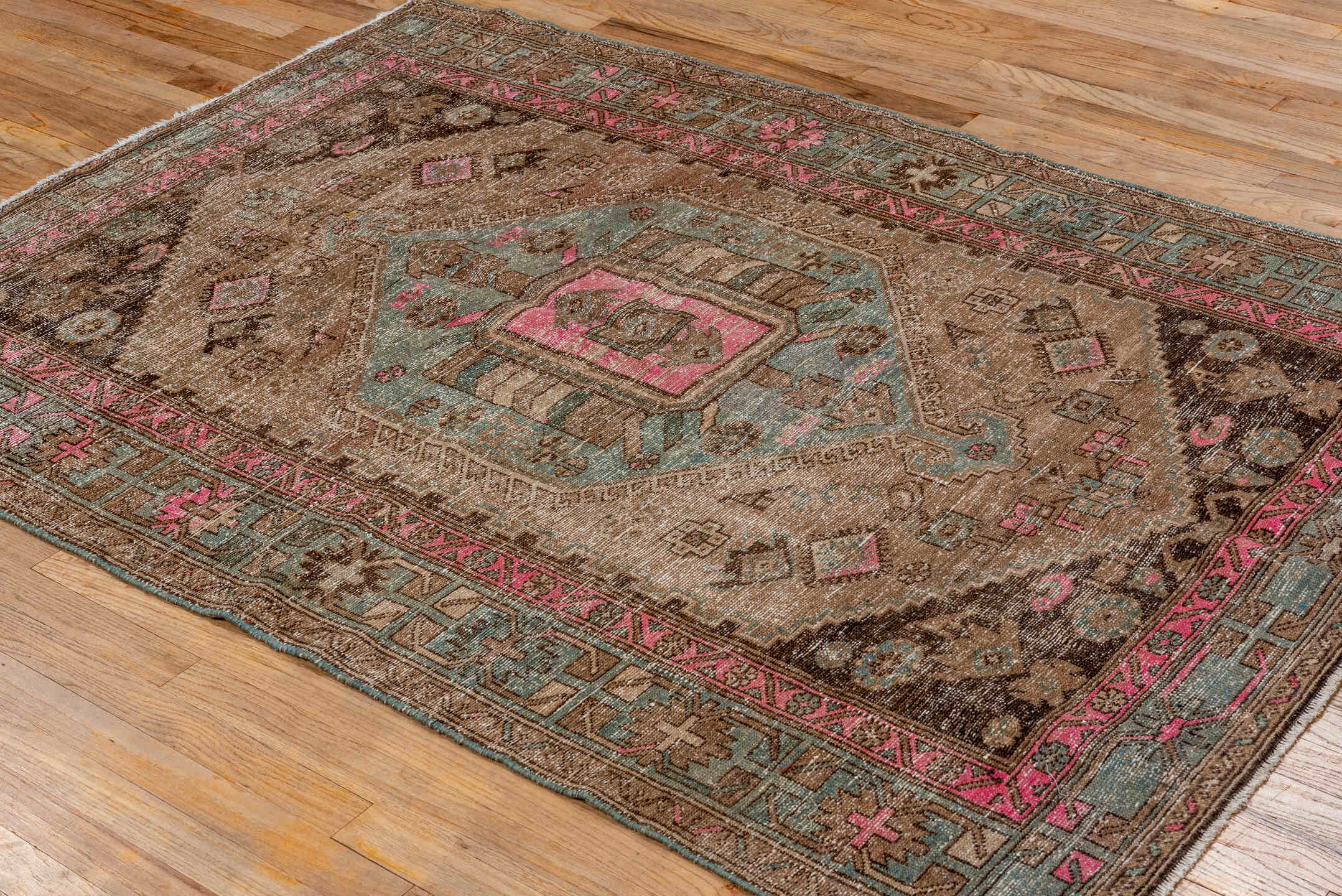 4' x 6' one-of-a-kind handmade antique Hamadan small size rug. Color palette: taupe, brown, sky blue, pink, charcoal, ivory