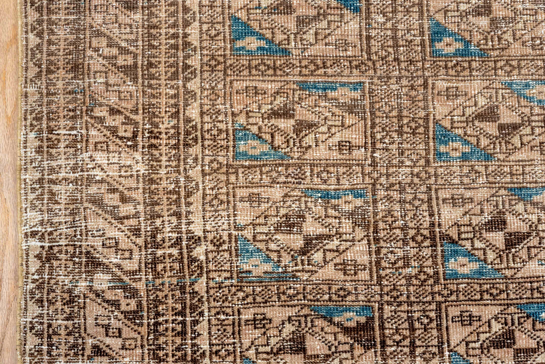 3' x 5' one-of-a-kind handmade antique Belouch small size rug. Color palette: camel, ivory, brown, sky_blue, taupe, beige