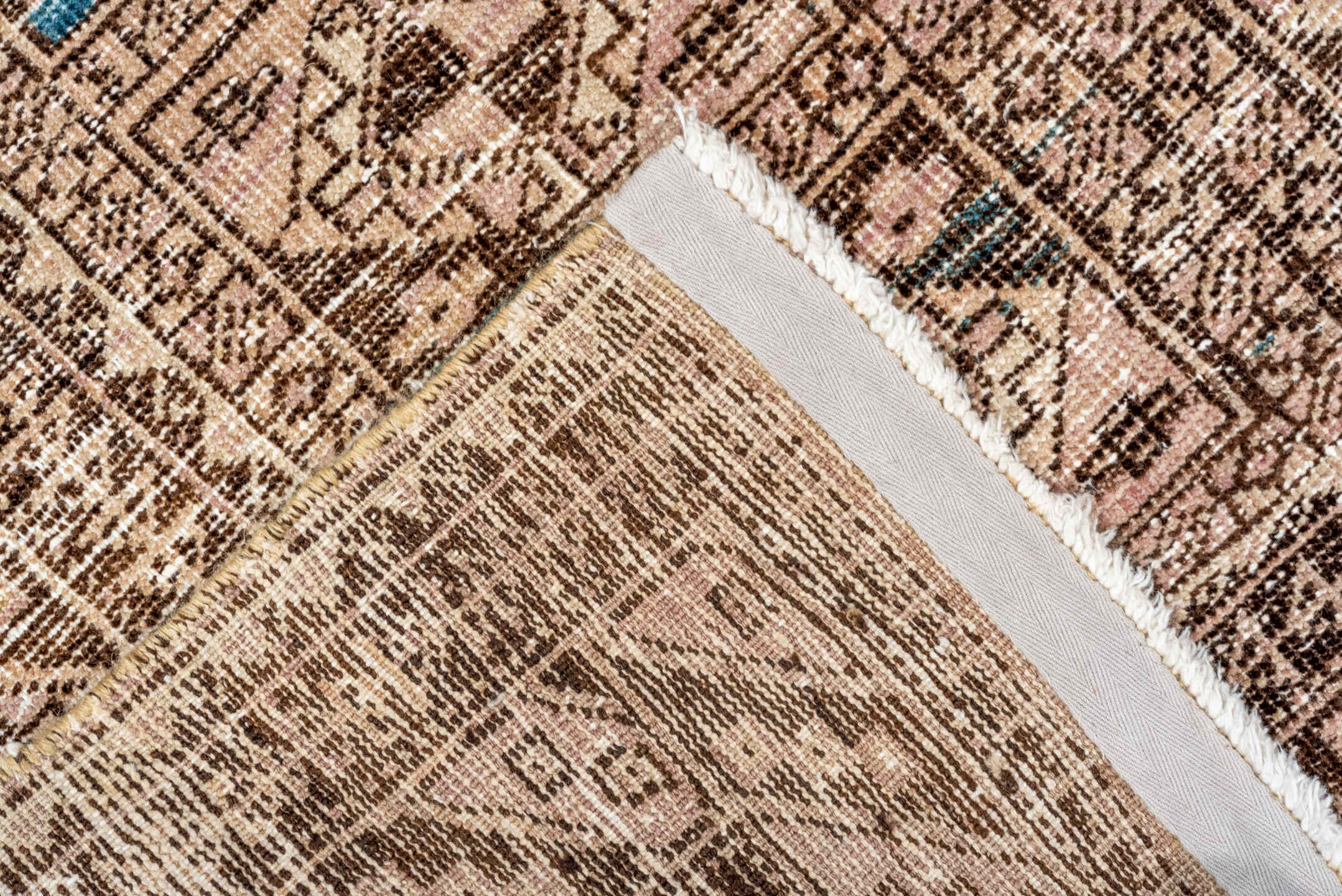 3' x 5' one-of-a-kind handmade antique Belouch small size rug. Color palette: camel, ivory, brown, sky_blue, taupe, beige