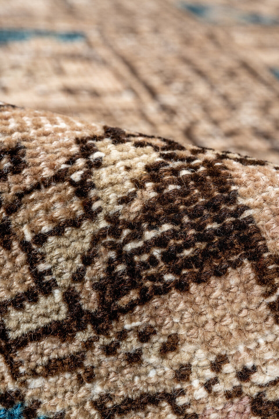 3' x 5' one-of-a-kind handmade antique Belouch small size rug. Color palette: camel, ivory, brown, sky_blue, taupe, beige