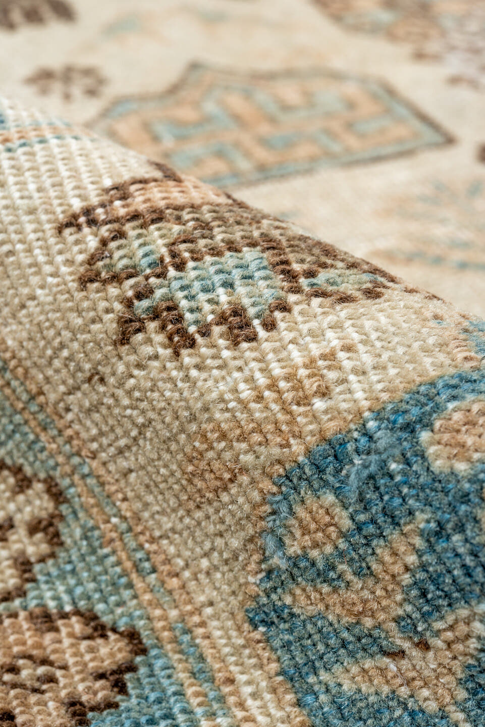 5' x 8' one-of-a-kind handmade antique Ardebil medium size rug. Color palette: ivory, sky blue, taupe, camel, brown, beige