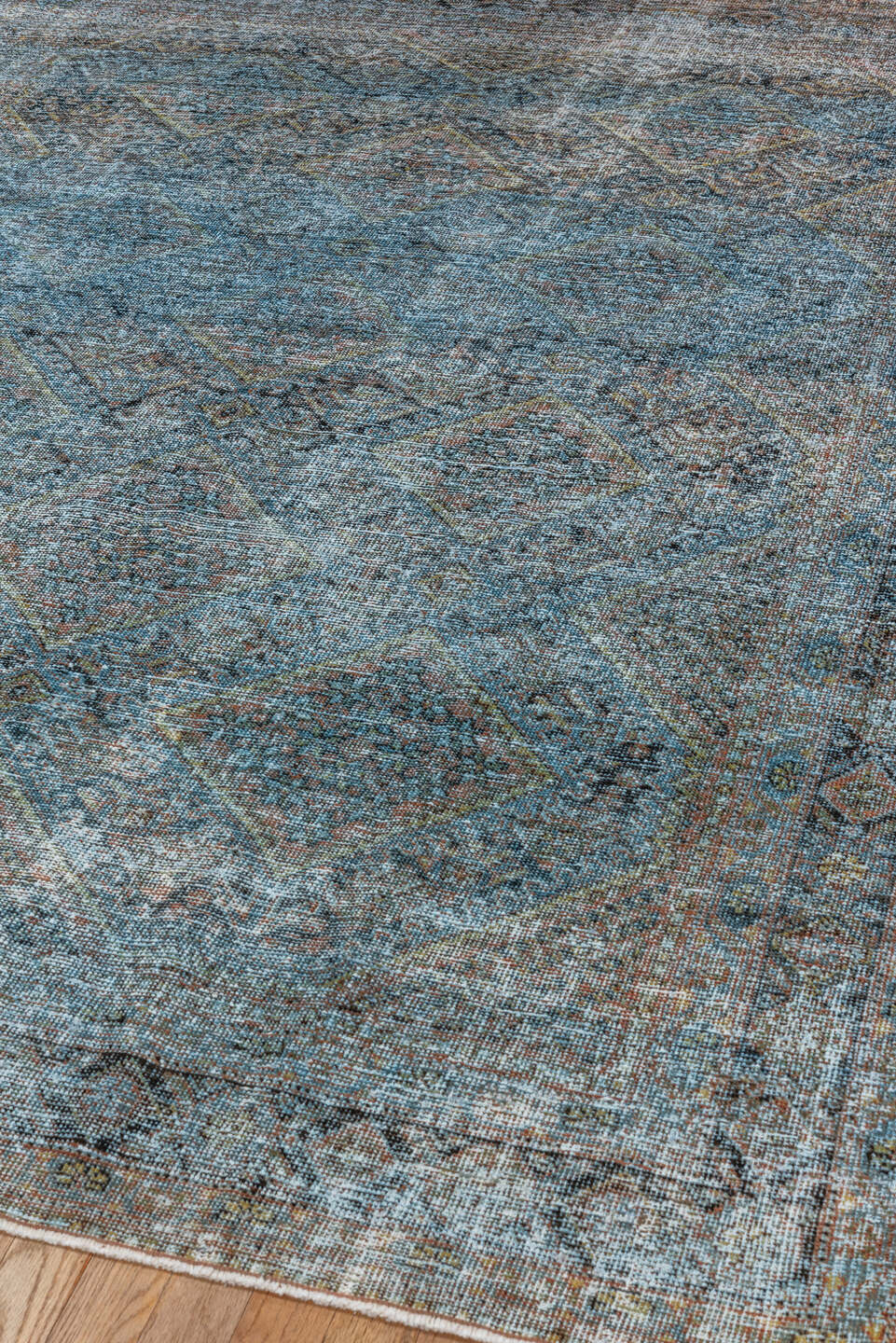 5' x 7' one-of-a-kind handmade antique Afshar rug. Color palette: sky blue, ivory, taupe, slate, rust, charcoal, camel